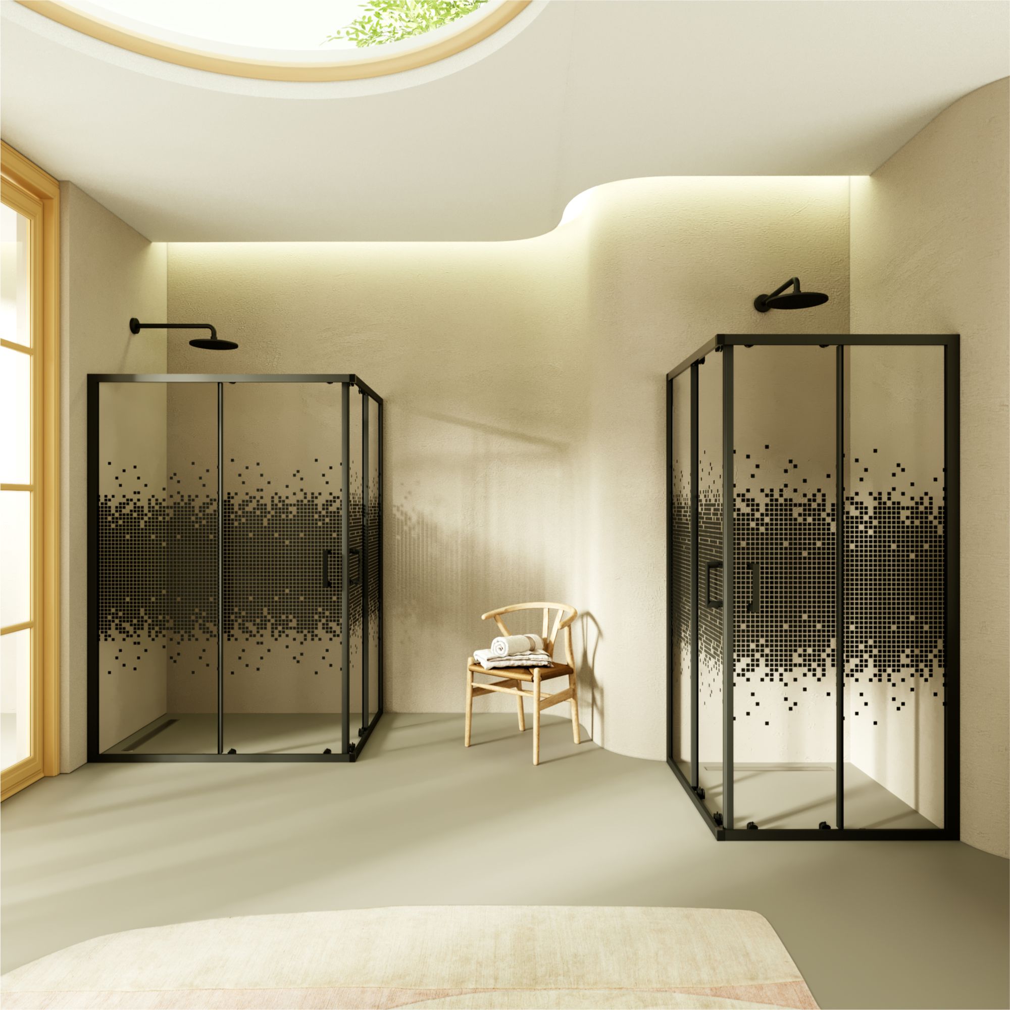 Eckeinstieg Danielle mit Schiebetüren aus schwarz kariertem ESG Sicherheitsglas Eckeinstieg Danielle mit Schiebetüren aus schwarz kariertem ESG Sicherheitsglas