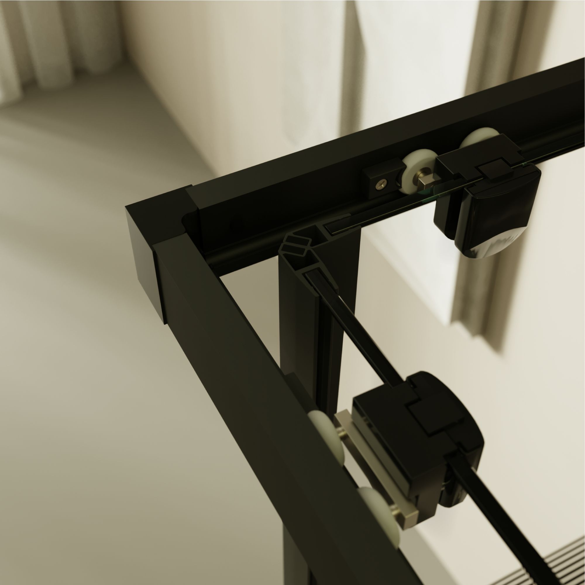 Eckeinstieg Danielle mit Schiebetüren aus schwarz gestreiftem ESG Sicherheitsglas