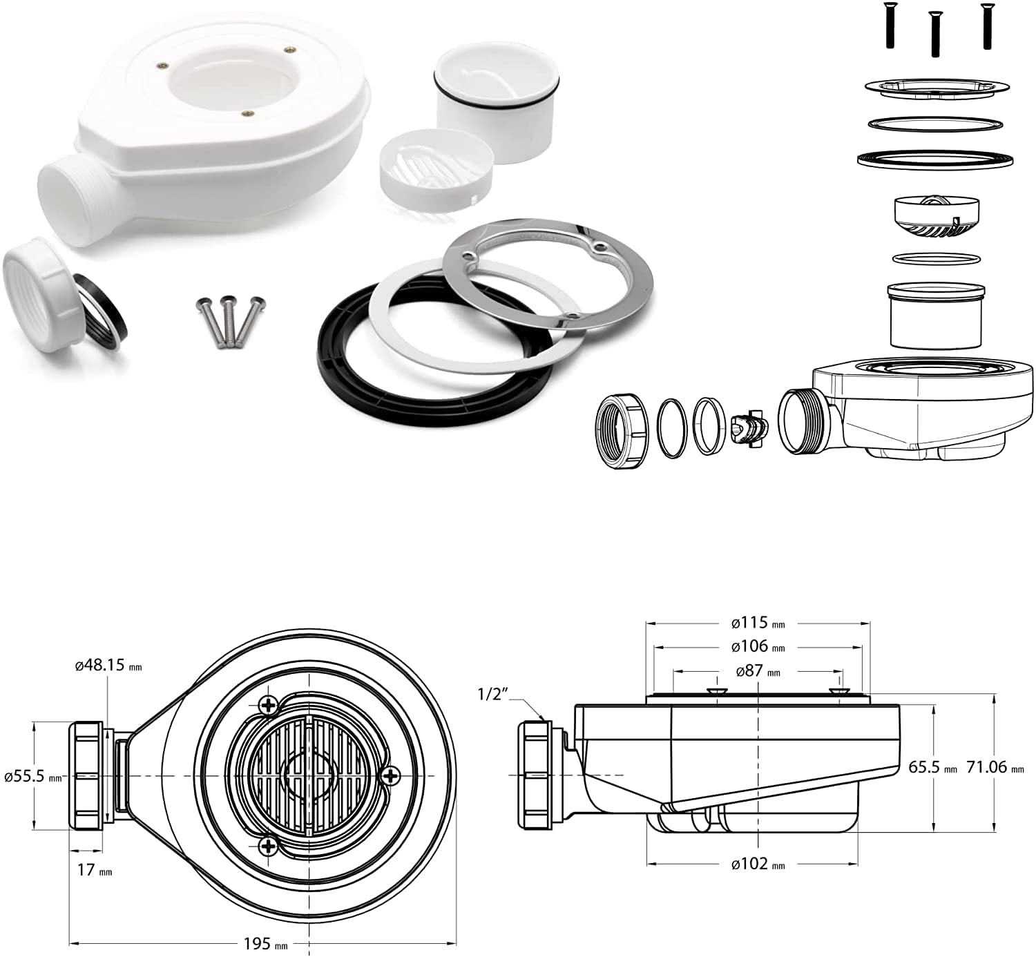 SMC Duschwanne Polar 90x90 cm, Duschwanne in Steinoptik inkl. Ablaufgarnitur - Grau