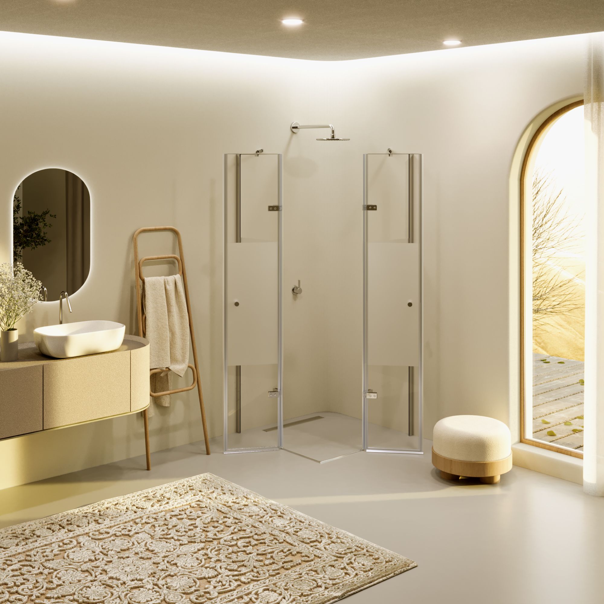 Eckeinstieg Alice mit Klapptüren aus teilsatiniertem ESG Sicherheitsglas