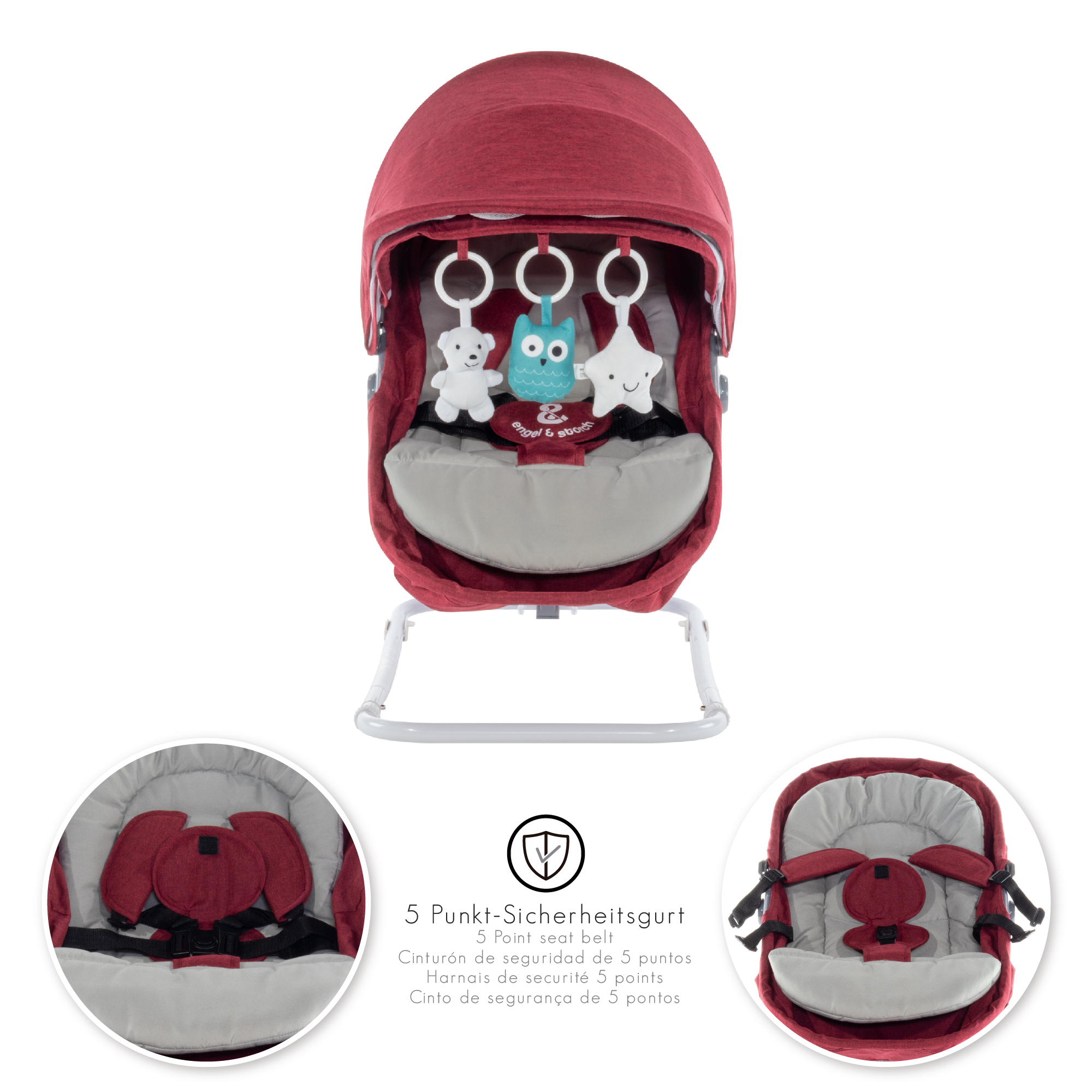 Babywippe PAVO mit Wiegenfunktion und Spielebogen Rot + Grau Babywippe PAVO mit Wiegenfunktion und Spielebogen Rot + Grau