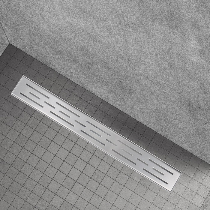 Duschrinne R8 aus Edelstahl für flache Installation mit Schlitzmuster Duschrinne R8 aus Edelstahl für flache Installation mit Schlitzmuster