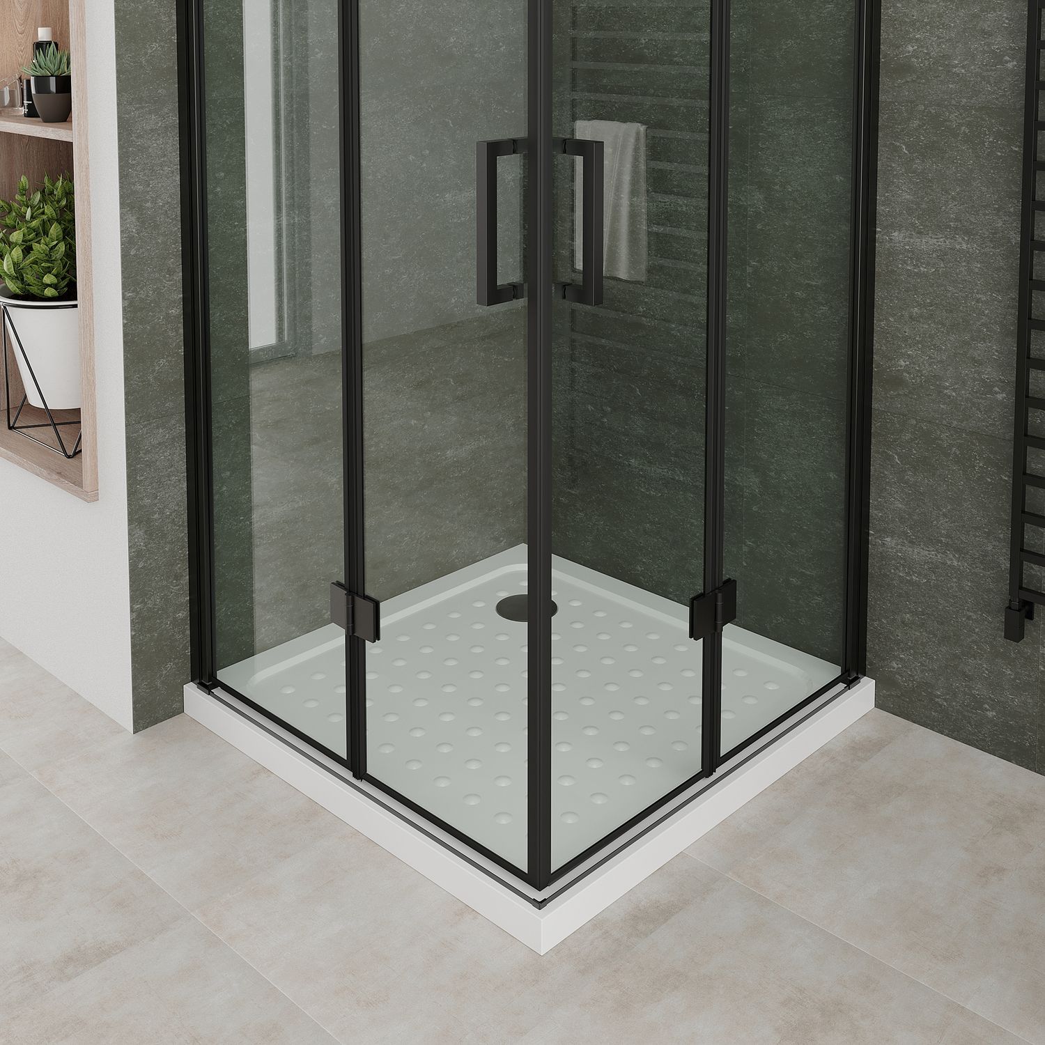 Eckeinstieg Belle mit Falttüren und schwarzen Profilen aus ESG Sicherheitsglas