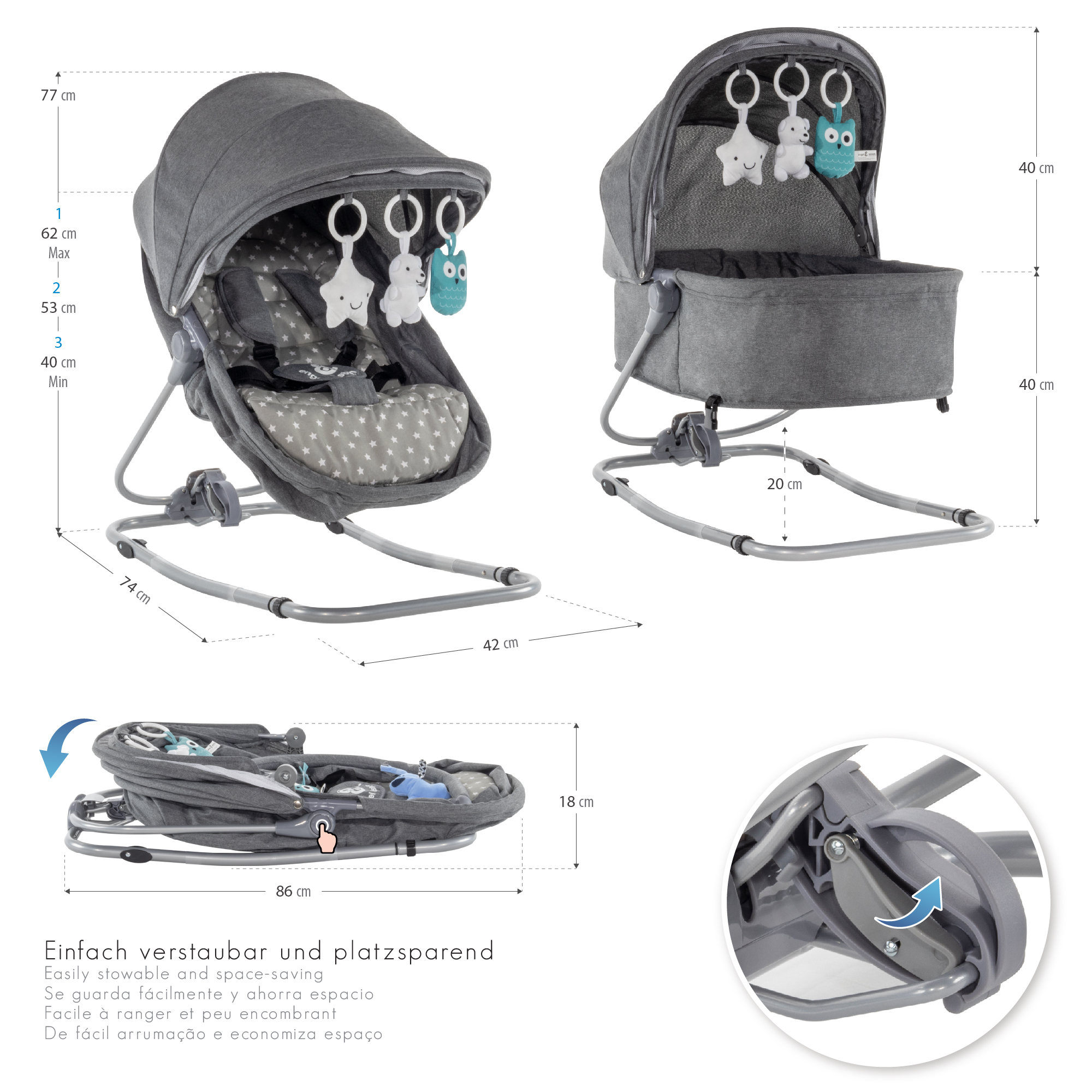 Babywippe PAVO mit Wiegenfunktion und Spielebogen Babywippe PAVO mit Wiegenfunktion und Spielebogen Grau + Grau mit weißen Sterne