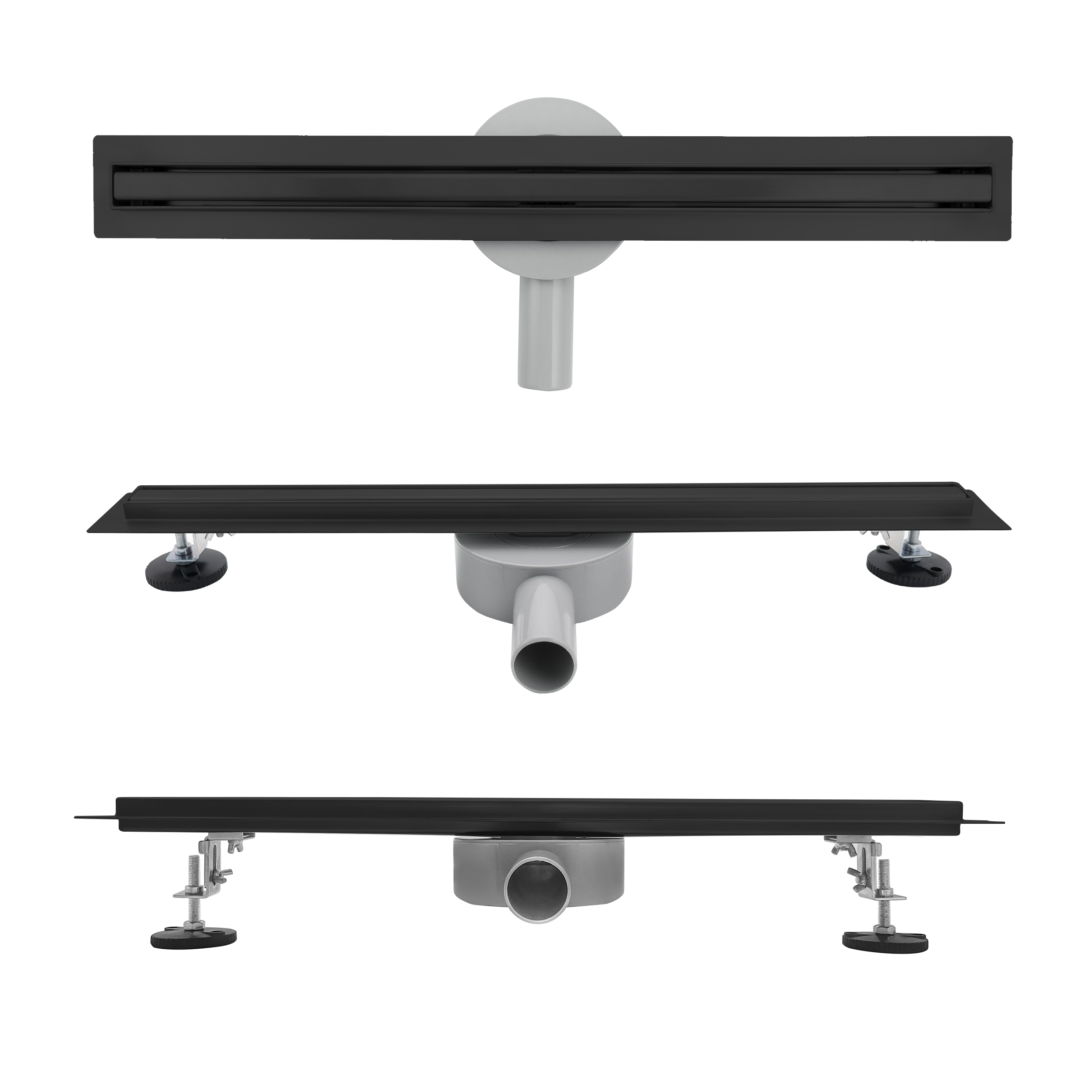 Duschrinne aus Edelstahl sehr flach - Siphon 360 Grad beweglich - Randablauf SLIM Schwarz B12 90 cm