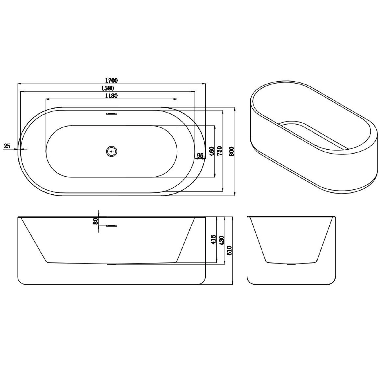 Badewanne aus Sanitäracryl Bienne - 170 x 80 x 58 cm Badewanne aus Sanitäracryl Bienne - 170 x 80 x 58 cm