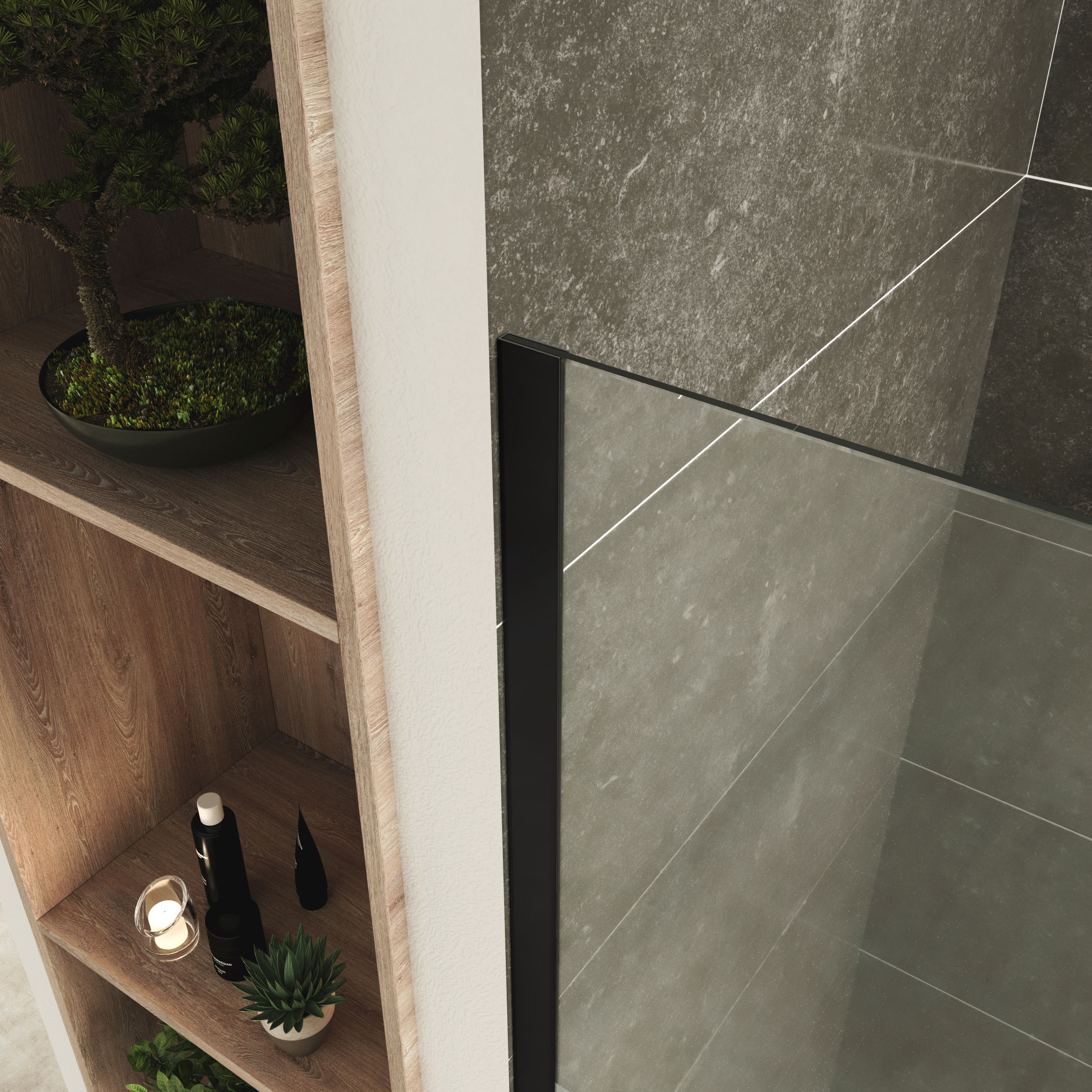 Walk In Dusche FIONA BLACK aus 10 mm starkem teilsatiniertem ESG Sicherheitsglas