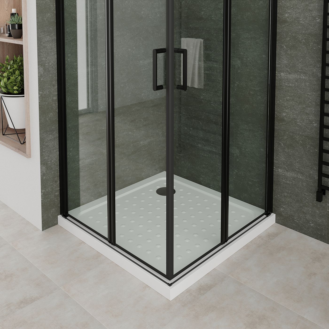 Eckeinstieg Alina mit Falttüren und schwarzen Profilen aus ESG Sicherheitsglas