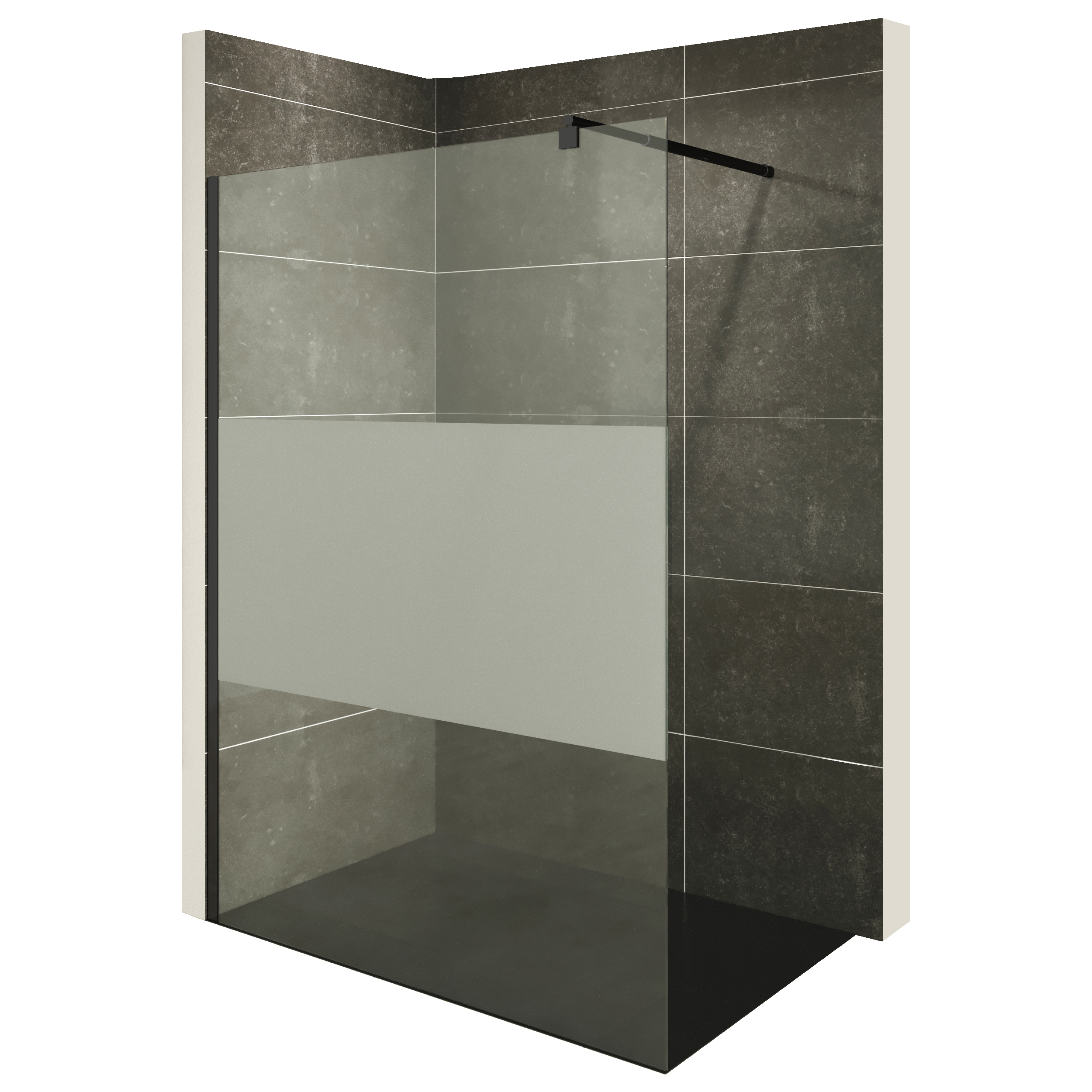 Walk In Dusche FIONA BLACK aus 10 mm starkem teilsatiniertem ESG Sicherheitsglas