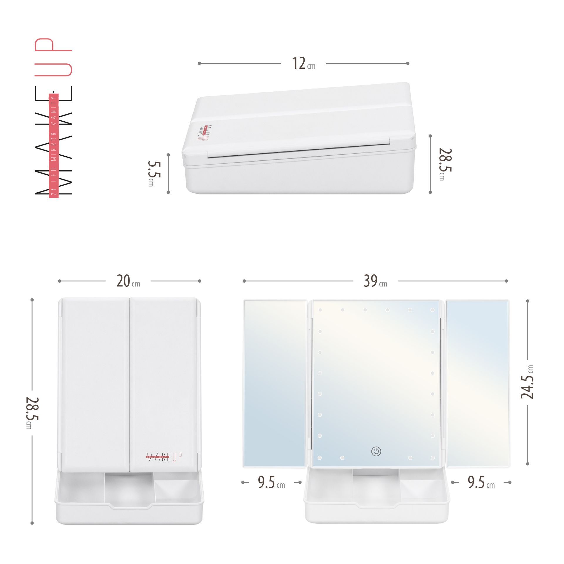 Schminkspiegel mit Vergrößerung MakeUp BOX, mit 21 dimmbaren LED-Lampen