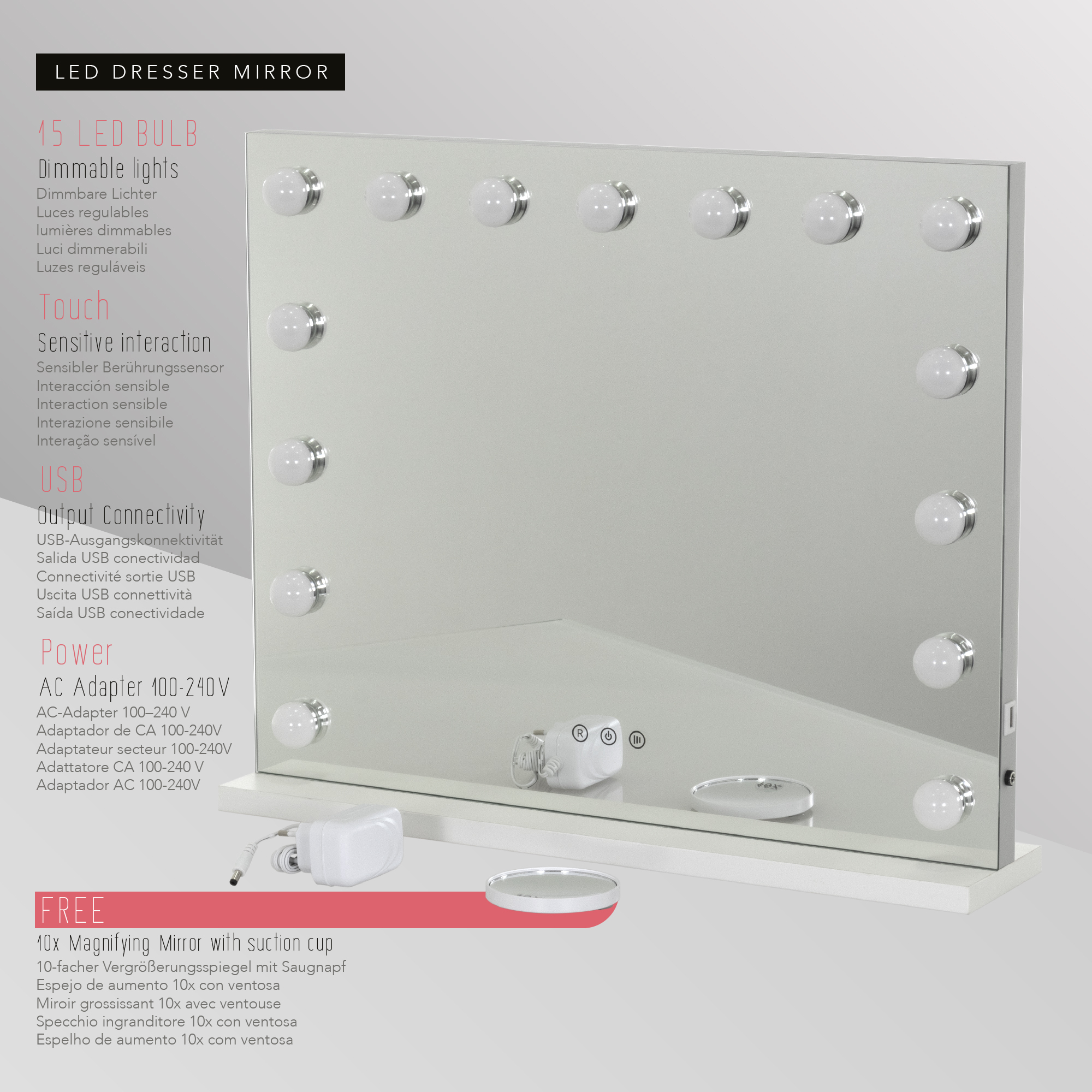 Schminkspiegel Bulb STAND mit 15 dimmbaren LED-Lampen Weiß Schminkspiegel Bulb STAND mit 15 dimmbaren LED-Lampen Weiß