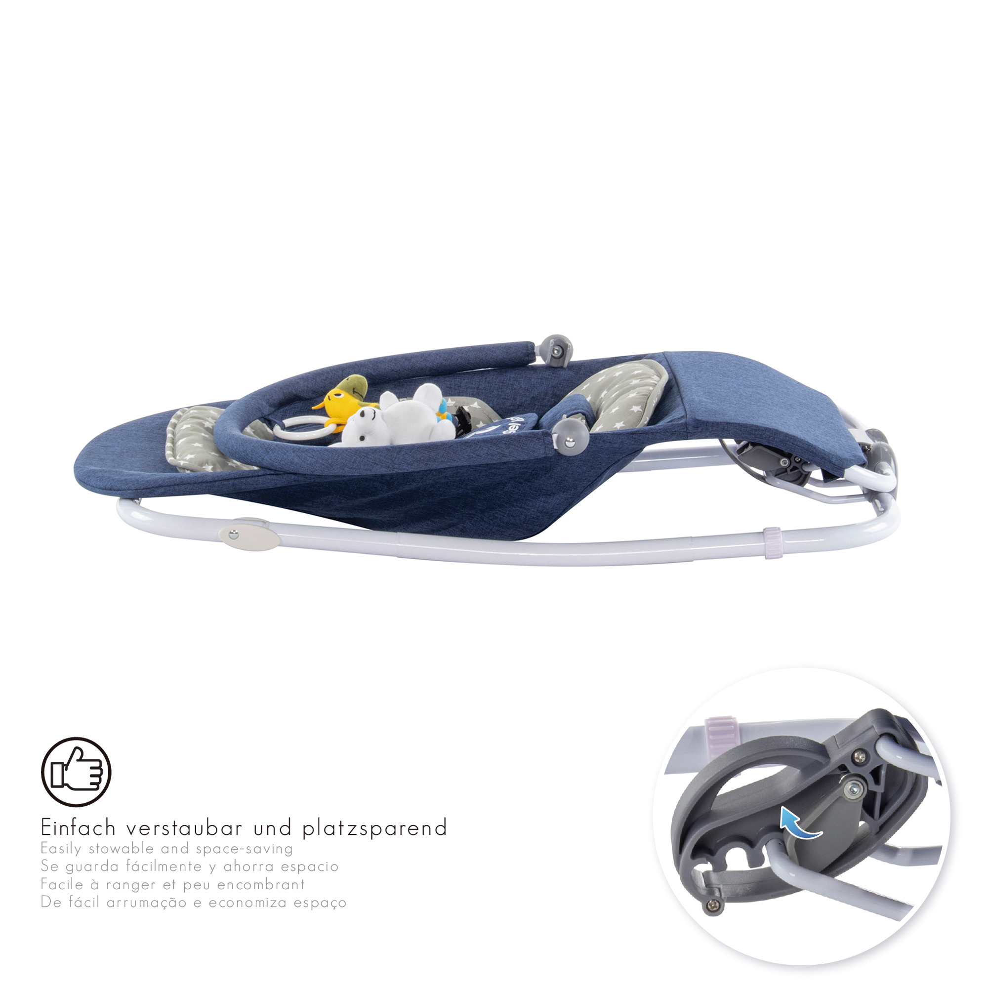 Babywippe VIENO mit abnehmbarem Bezug und Spielebogen Blau + Grau weiße Sterne