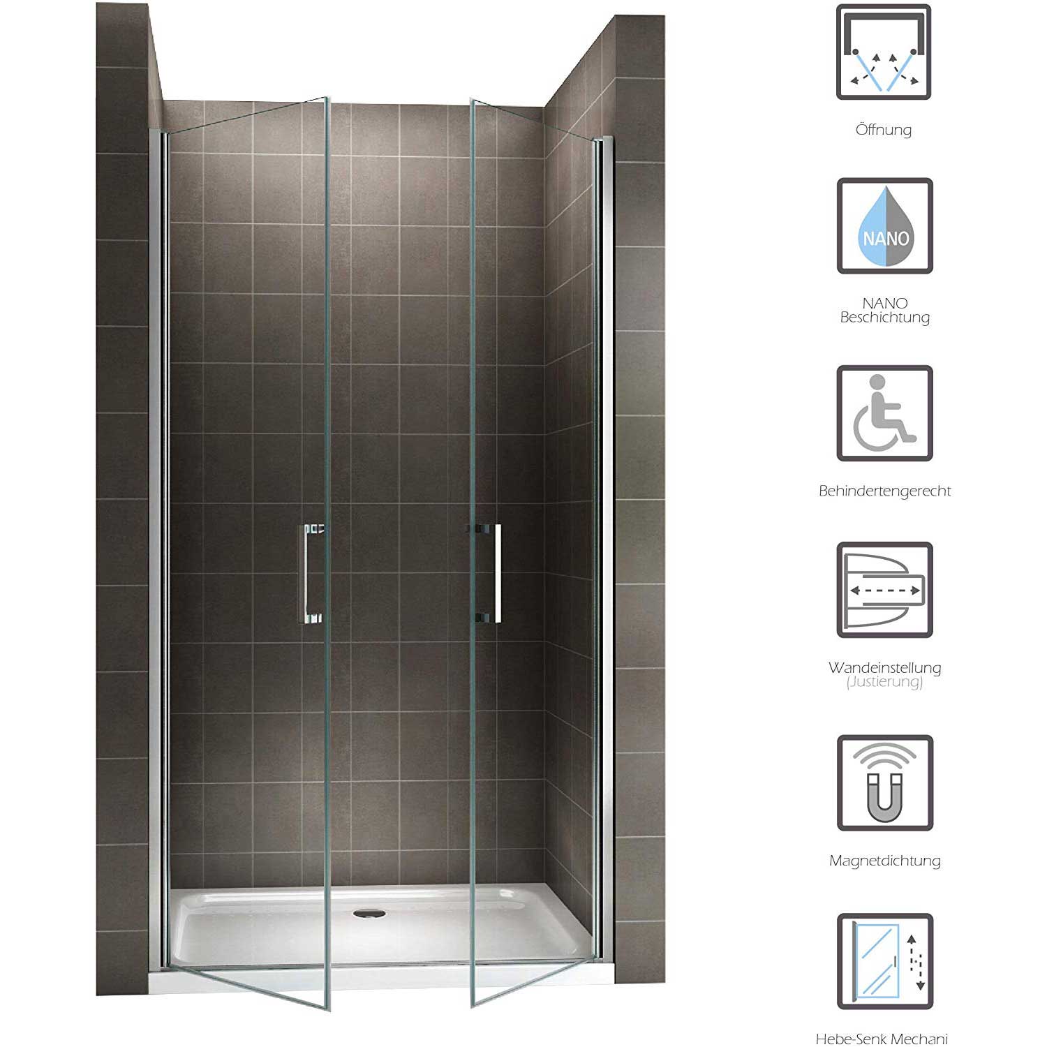 Duschtür Lara mit Pendeltüren und Edelstahlgriffe 68-140 cm aus ESG Sicherheitsglas