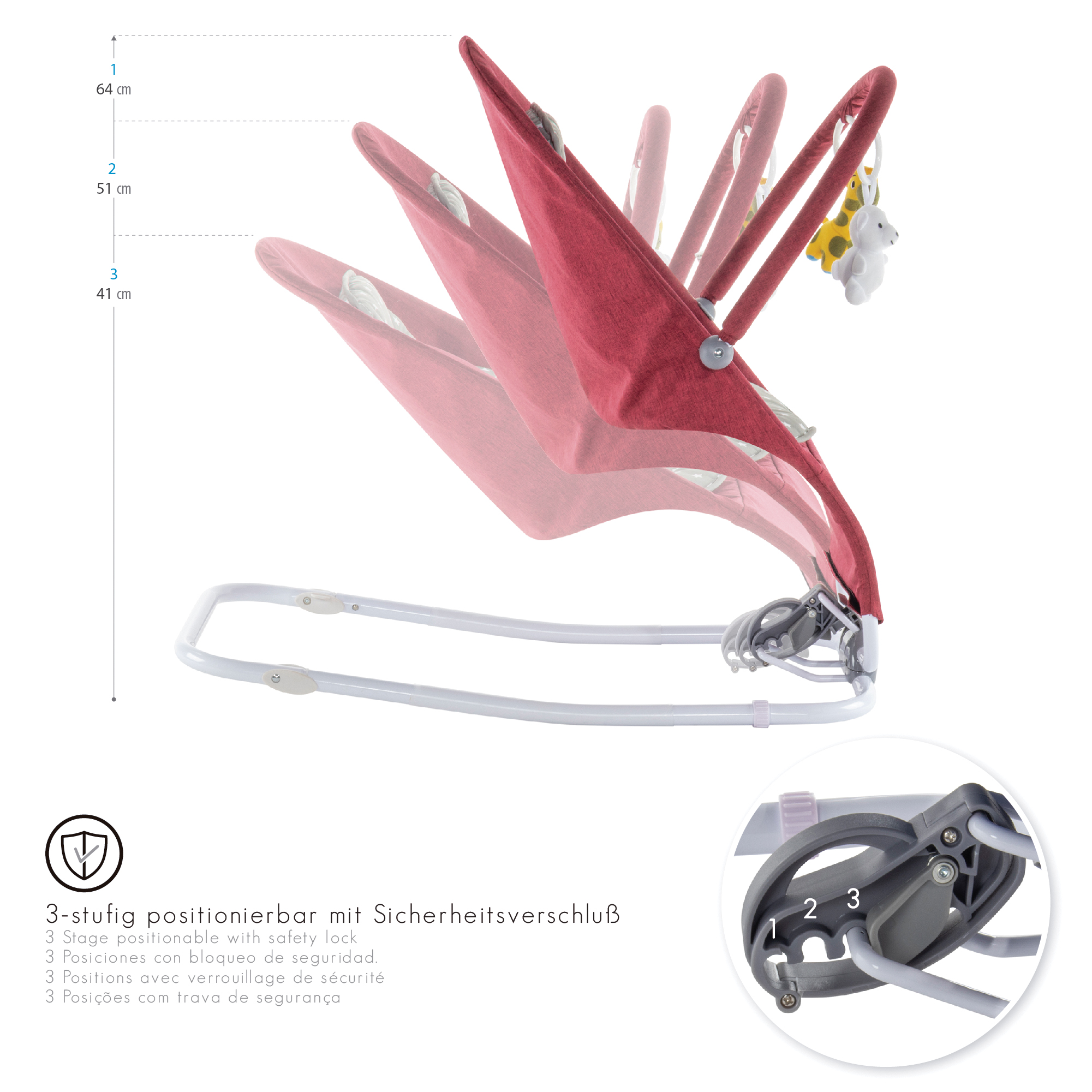 Babywippe VIENO mit abnehmbarem Bezug und Spielebogen Rot + Grau weiße Sterne Babywippe VIENO mit abnehmbarem Bezug und Spielebogen Rot + Grau weiße Sterne