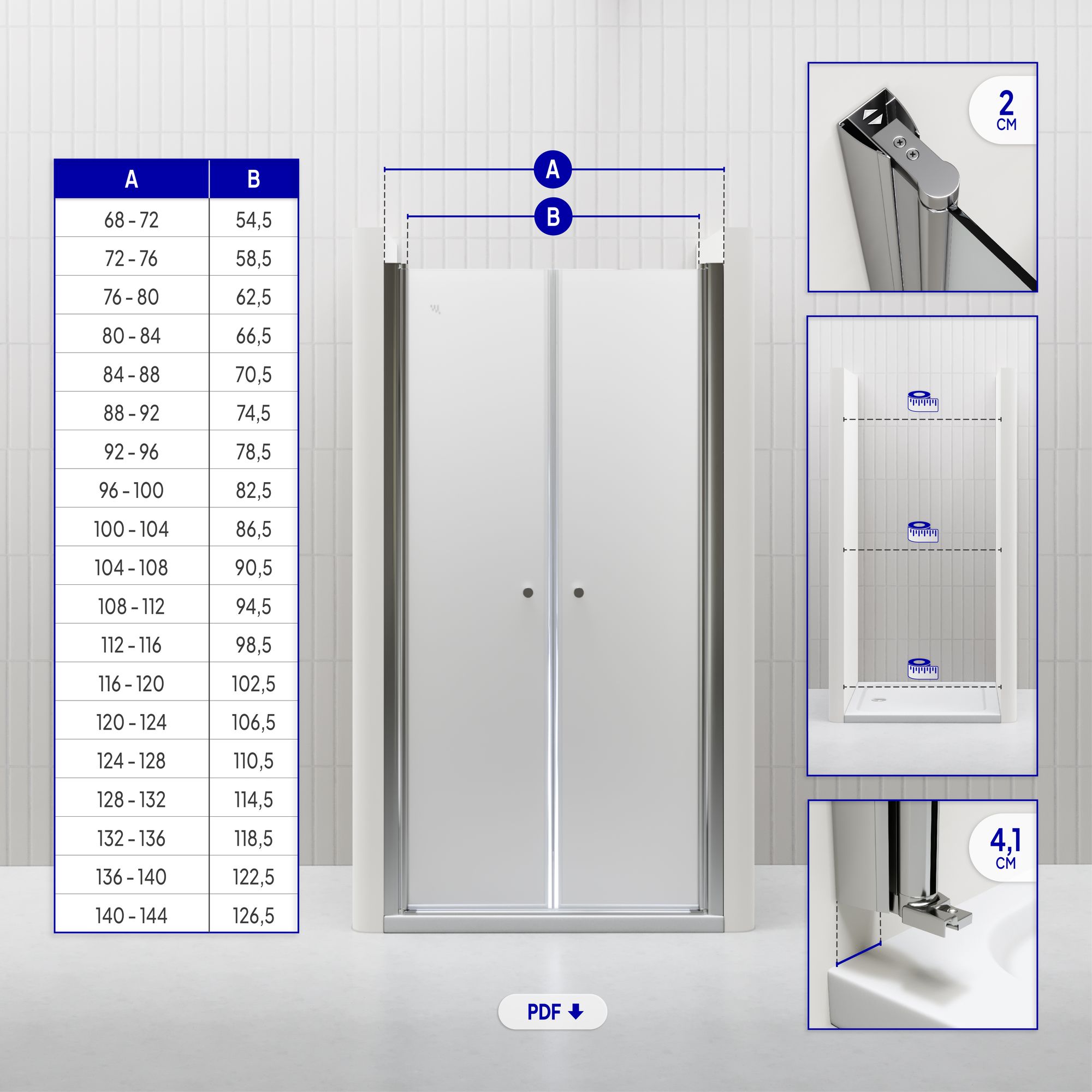 Duschtür Lima mit Pendeltüren 68-140 cm aus satiniertem ESG Sicherheitsglas