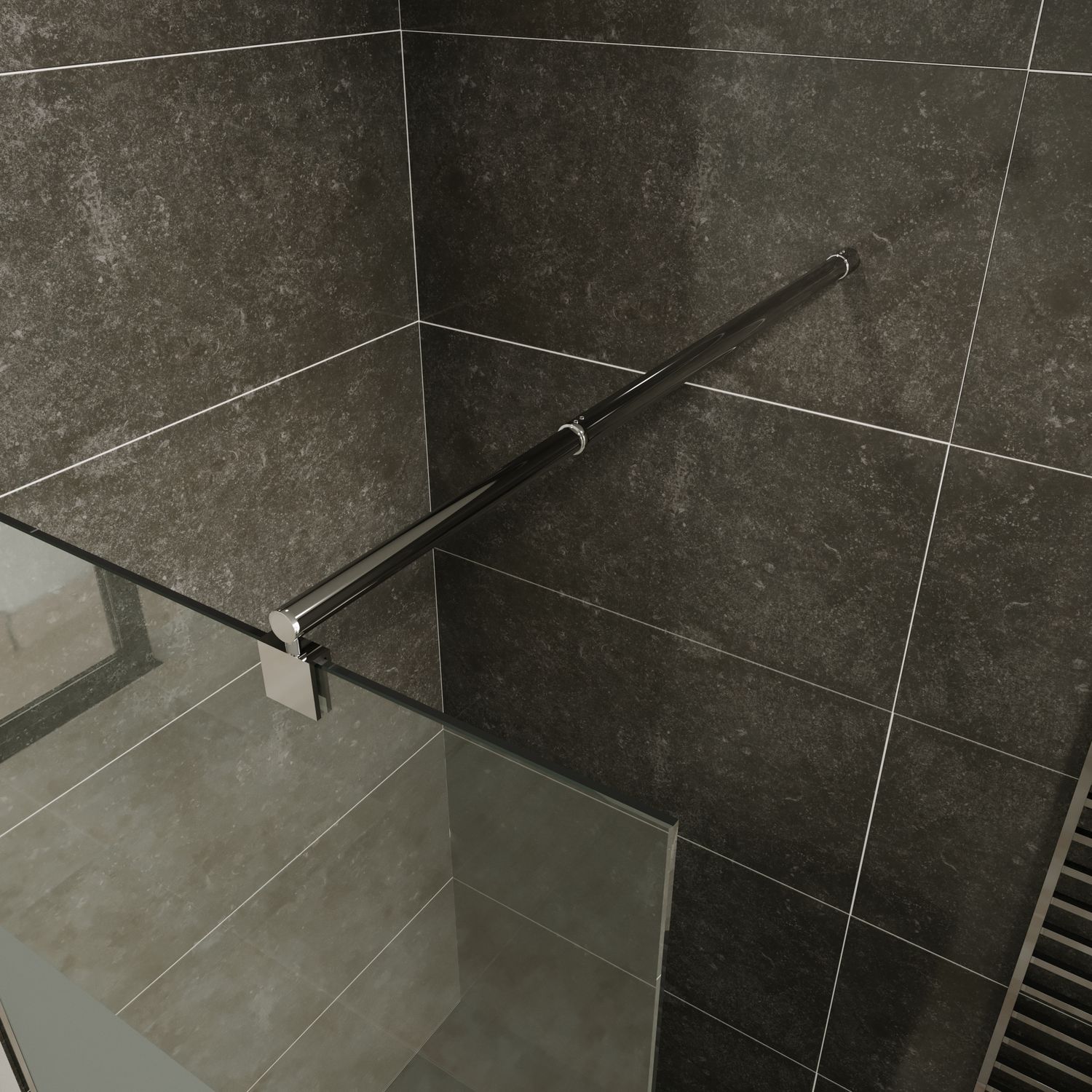 Walk In Dusche Fiona aus 10 mm starkem teilsatiniertem ESG Sicherheitsglas und Edelstahl Profil