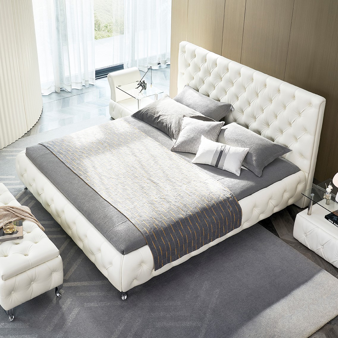 Polsterbett Amour 140x200 cm Weiß mit Lederknöpfen