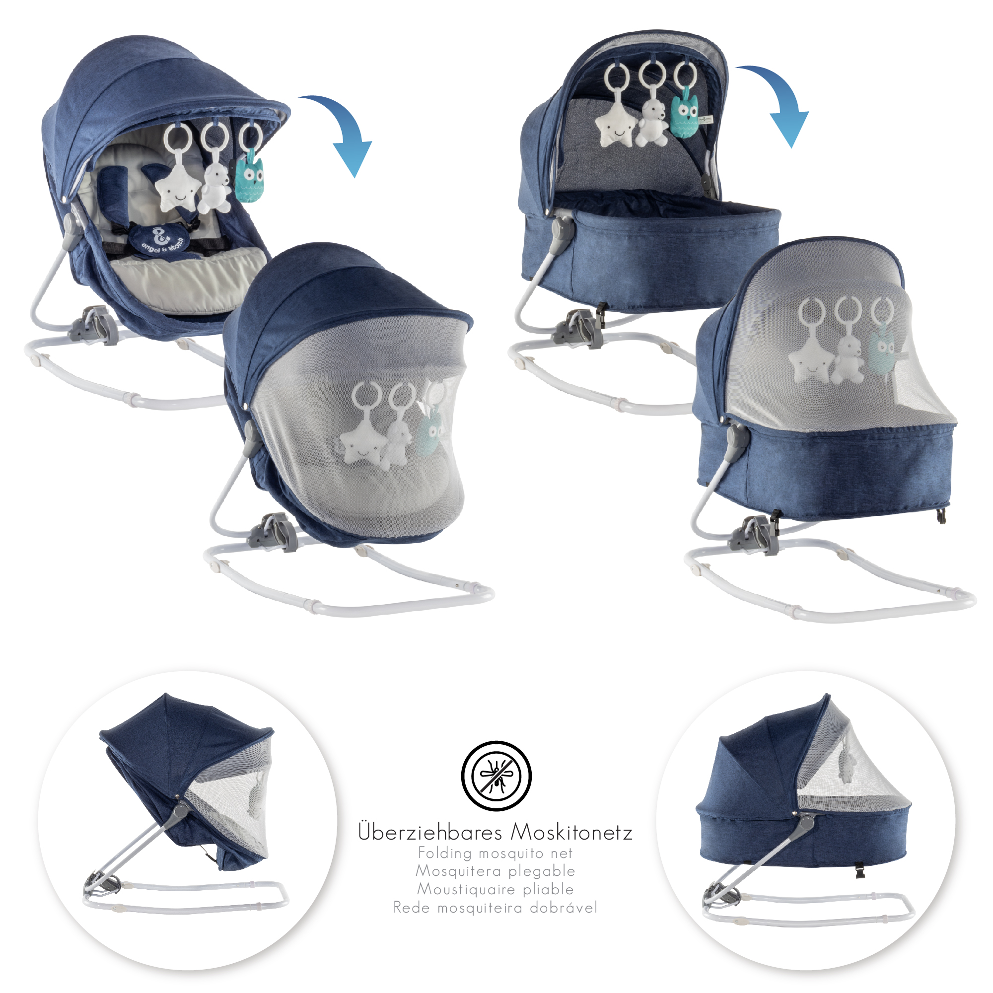 Babywippe PAVO mit Wiegenfunktion und Spielebogen Blau + Grau Babywippe PAVO mit Wiegenfunktion und Spielebogen Blau + Grau