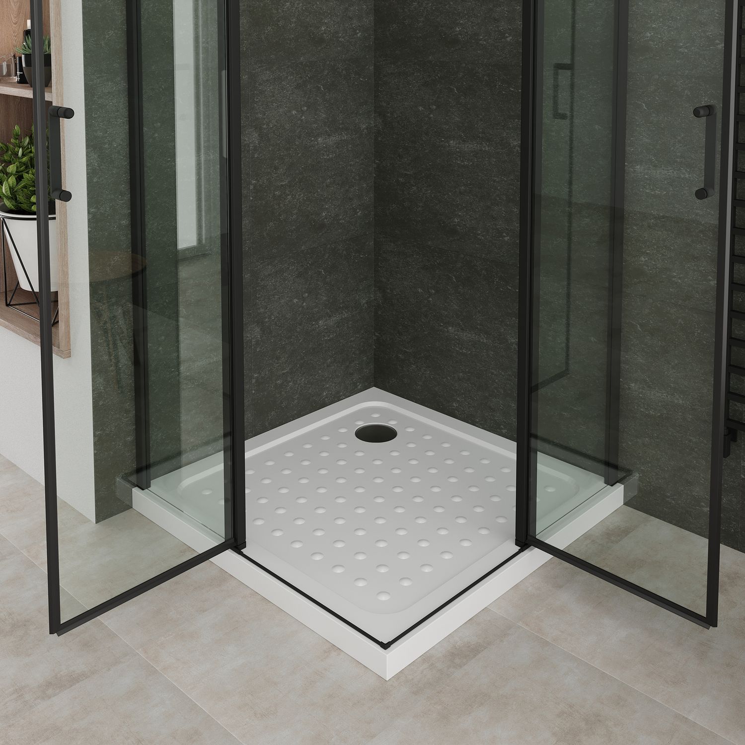 Eckeinstieg Linda mit Klapptüren und schwarzen Profilen aus ESG Sicherheitsglas