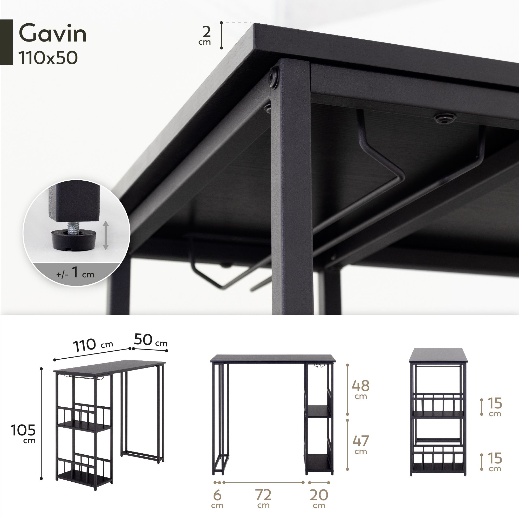 i-flair Stehtisch Bartisch Gavin – Stehtisch mit Stahlrahmen und 2 Ablageflächen & Glashalter Schwarz