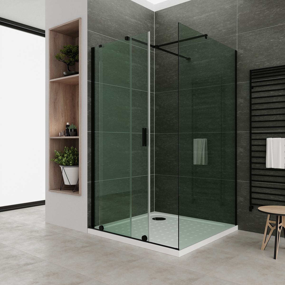 Fronteinstieg NADINE mit Schiebetür in Schwarz aus 8mm ESG Klarglas