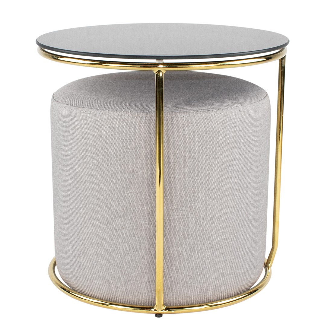 Beistelltisch mit Hocker JASPER runder Couchtisch 40x40 cm Gold-Grau N8