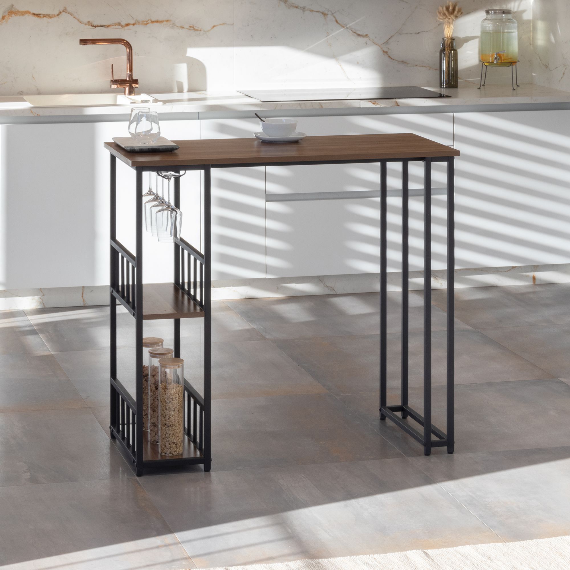 i-flair Stehtisch Bartisch Gavin – Stehtisch mit Stahlrahmen und 2 Ablageflächen & Glashalter Walnuß i-flair Stehtisch Bartisch Gavin – Stehtisch mit Stahlrahmen und 2 Ablageflächen & Glashalter Walnuß