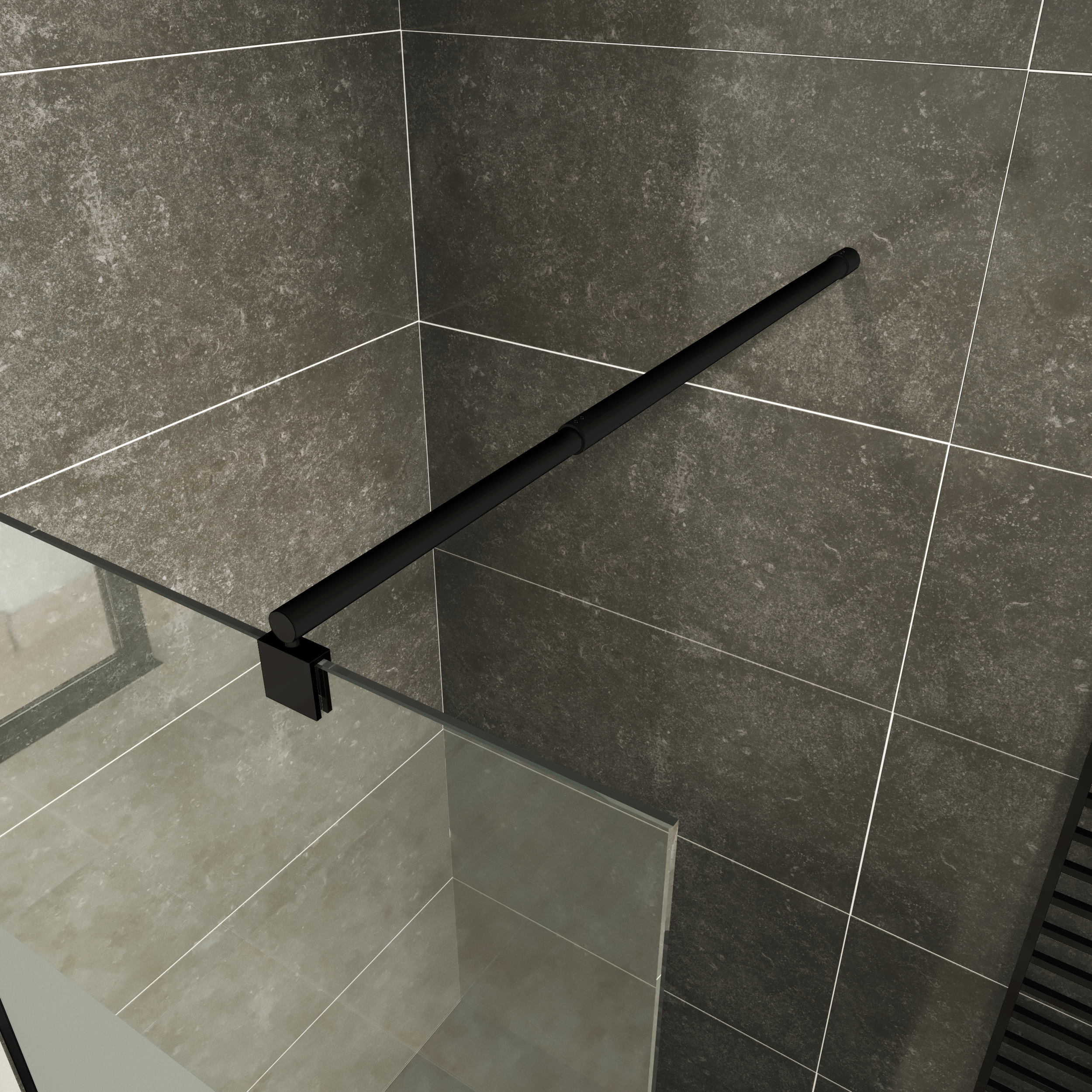 Walk In Dusche Fiona aus 10 mm starkem teilsatiniertem ESG Sicherheitsglas und Aluminium Profil in Schwarz