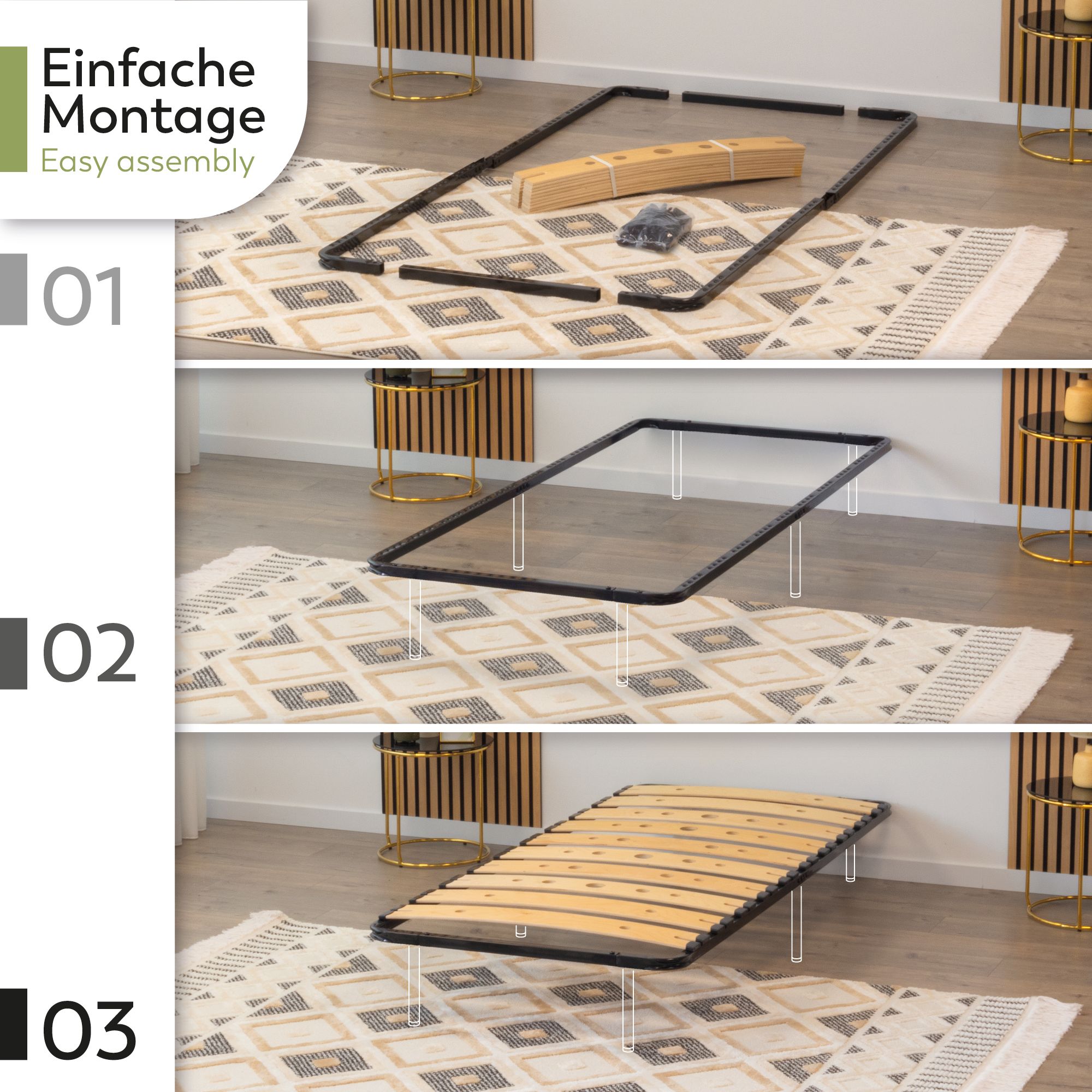 Lattenrost AUSTEN mit Holzlamellen – Stabiler Metallrahmen in Schwarz 90x200