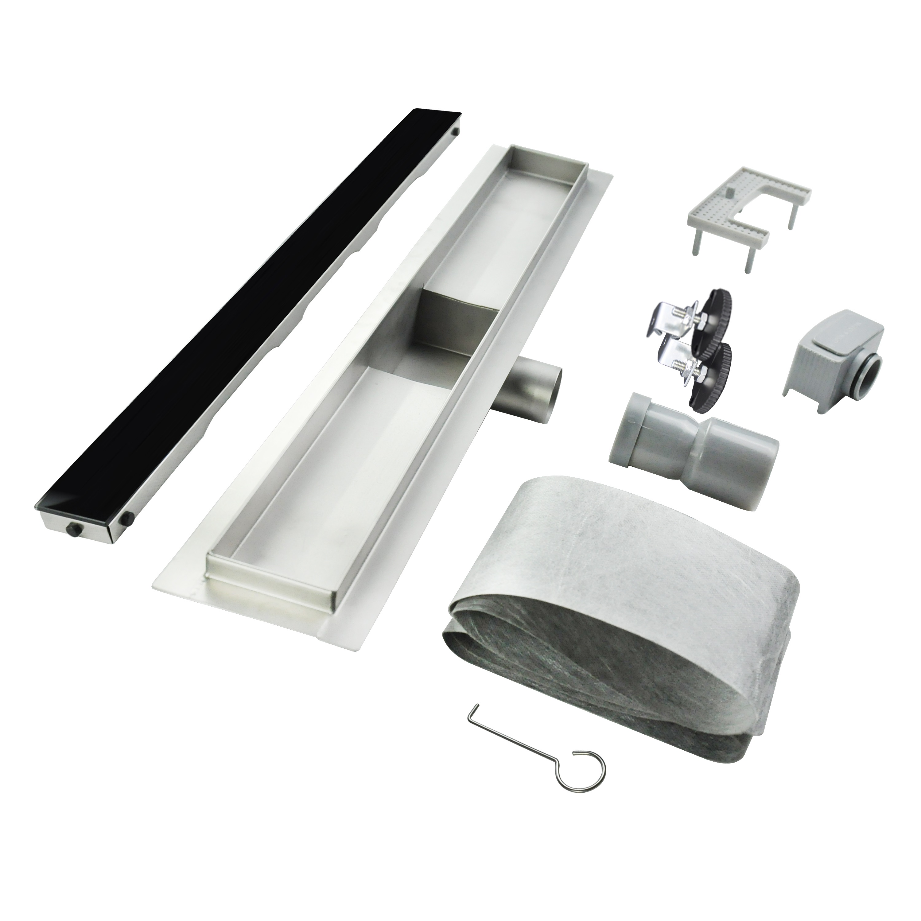 Duschrinne R3 aus Edelstahl für flache Installation inkl. Ablaufblende aus schwarzem Glas Duschrinne R3 aus Edelstahl für flache Installation inkl. Ablaufblende aus schwarzem Glas