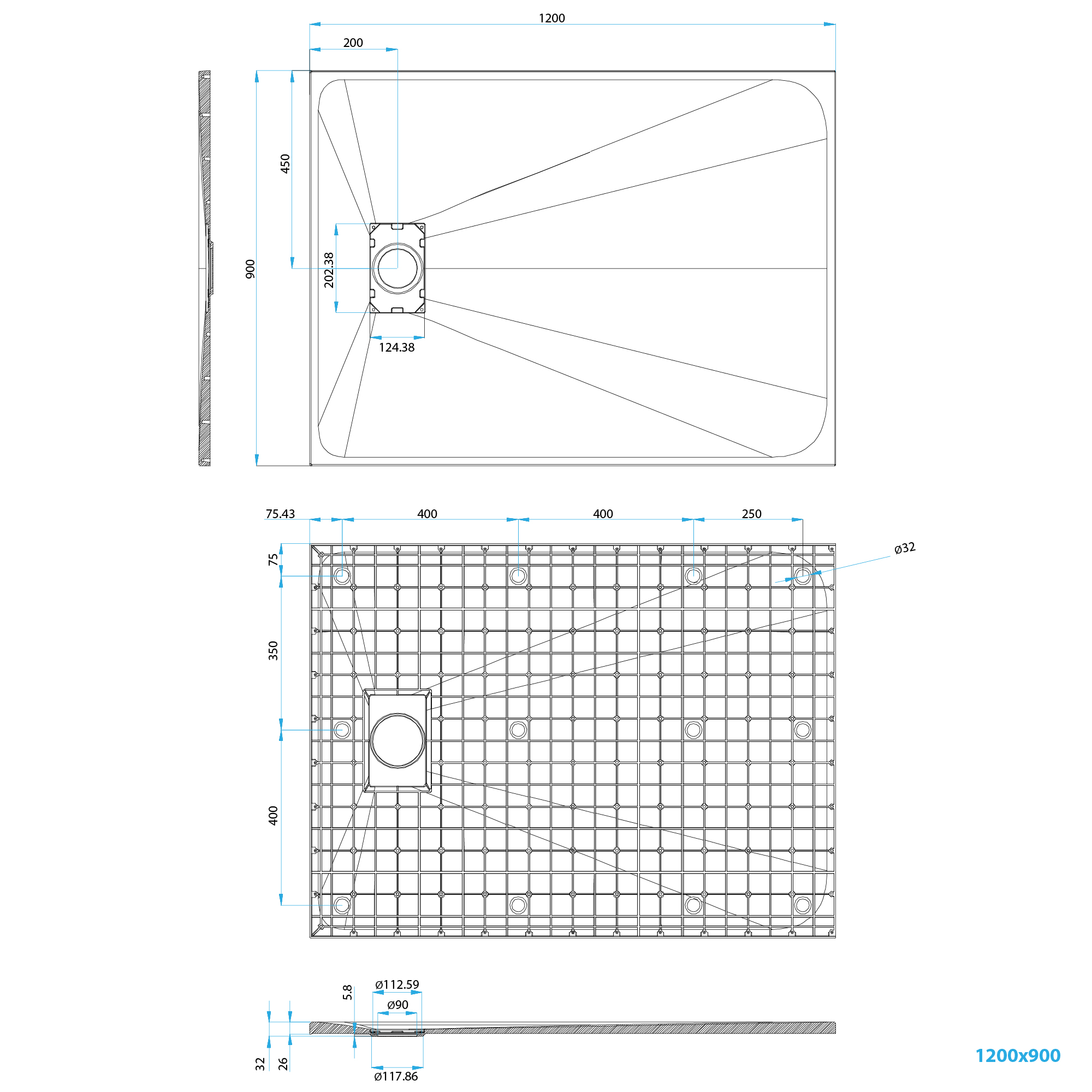 SMC Duschwanne Boreal in Stein-Optik inkl. Ablaufgarnitur - Schwarz 90x120 cm