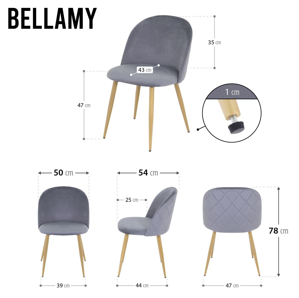 Esszimmerstuhl Wohnzimmerstuhl Bellamy Grau-Holz aus Samt Velour