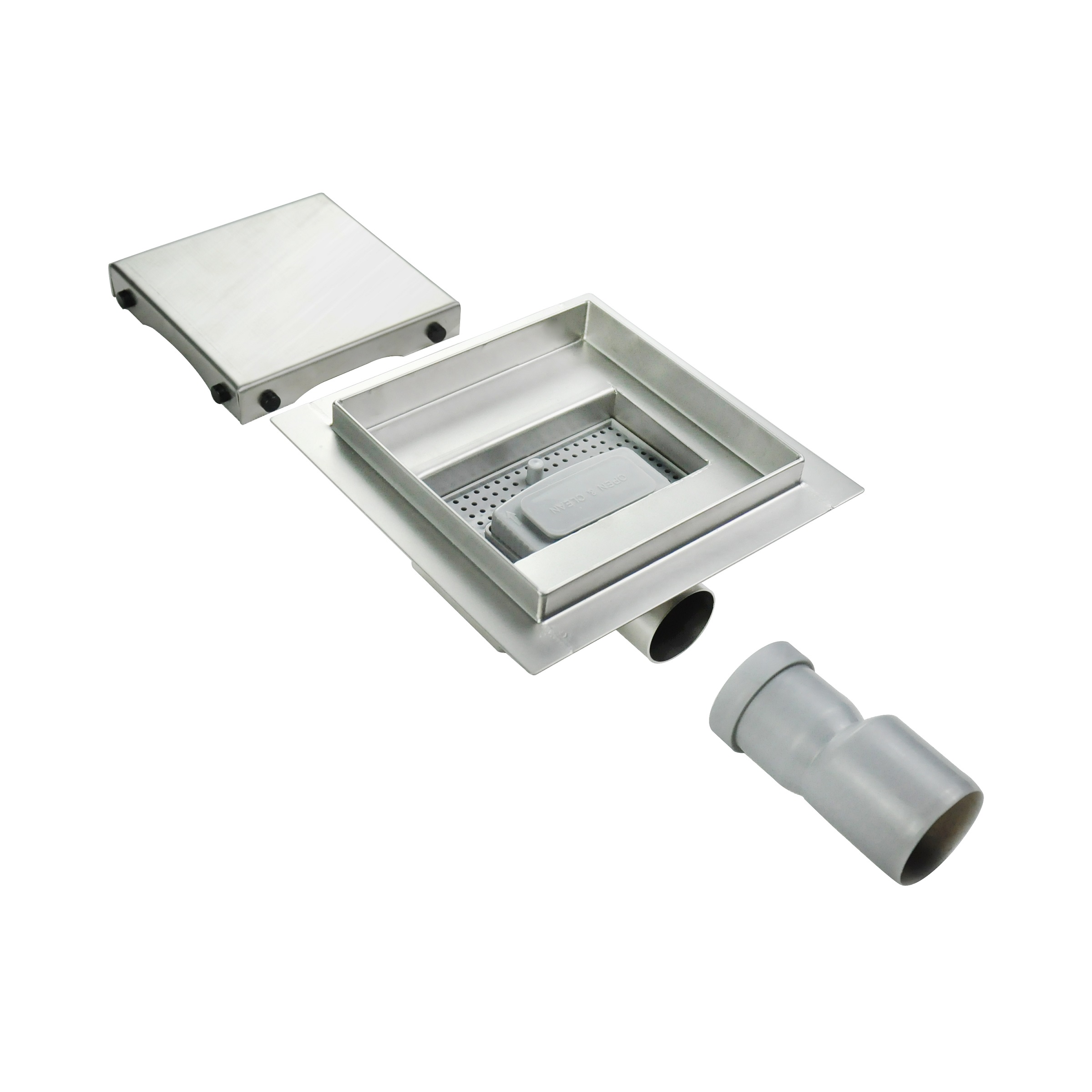 Quadratische Duschrinne Q1 aus Edelstahl für flache Installation Quadratische Duschrinne Bodenablauf geschlossen aus Edelstahl sehr flach Q1