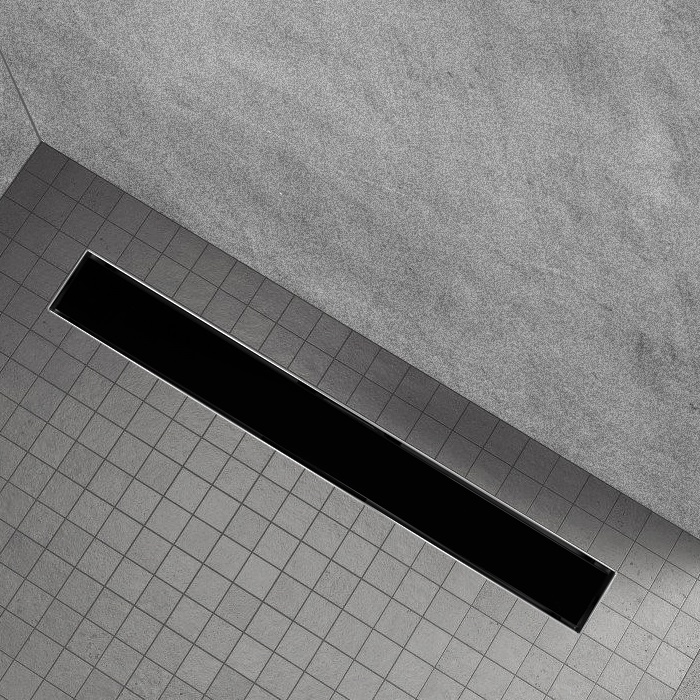 Duschrinne R3 aus Edelstahl für flache Installation inkl. Ablaufblende aus schwarzem Glas