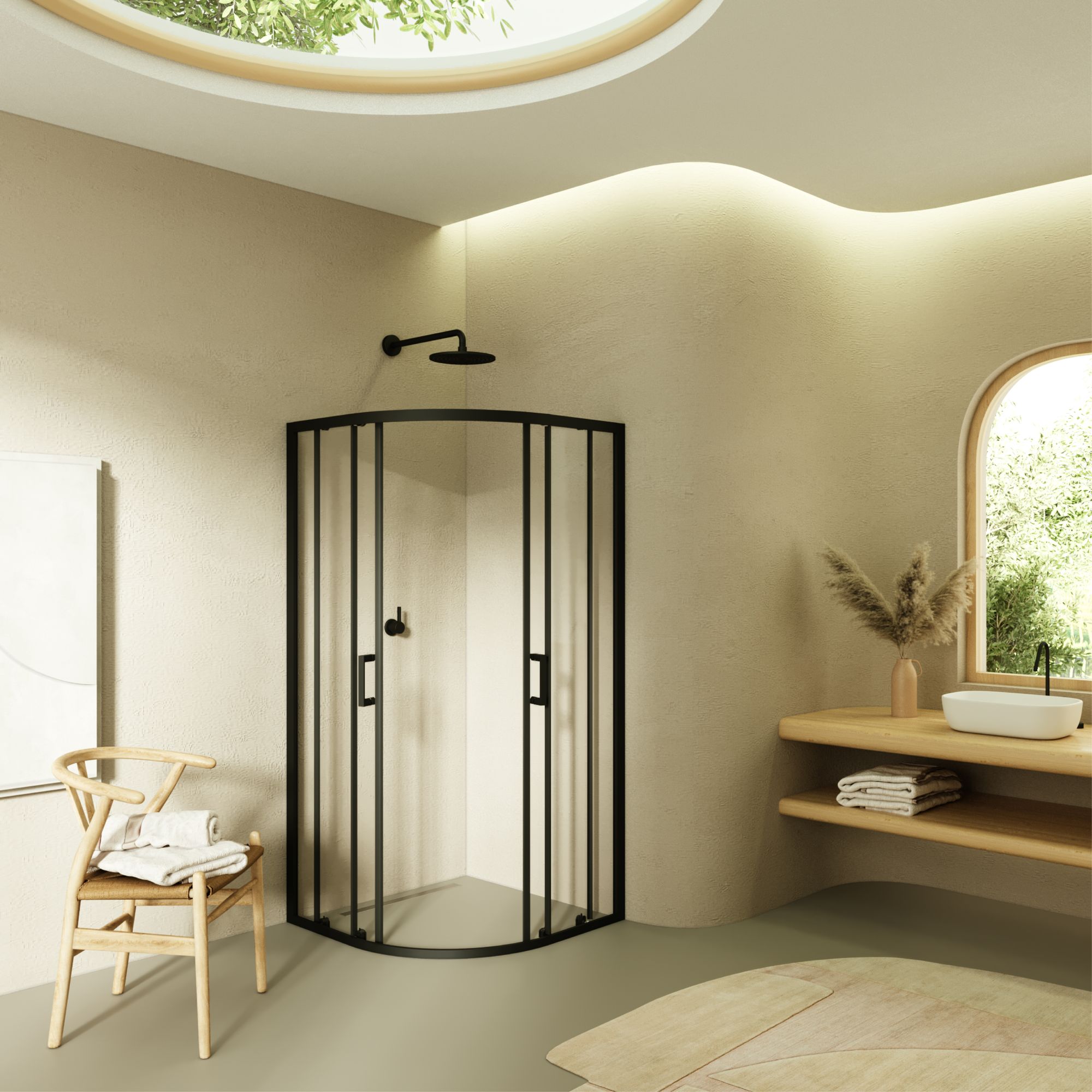 Viertelkreisdusche Ella mit Schiebetüren und schwarzen Profilen aus ESG Sicherheitsglas