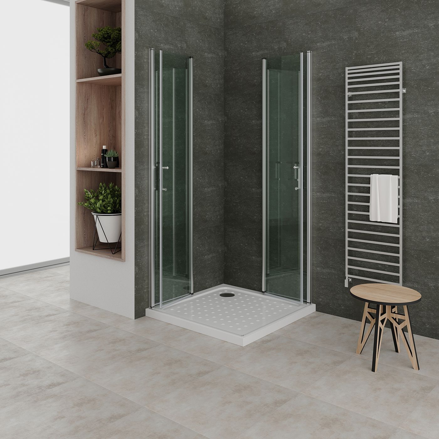 Eckeinstieg Alina mit Falttüren aus ESG Sicherheitsglas Eckeinstieg Alina mit Falttüren aus ESG Sicherheitsglas