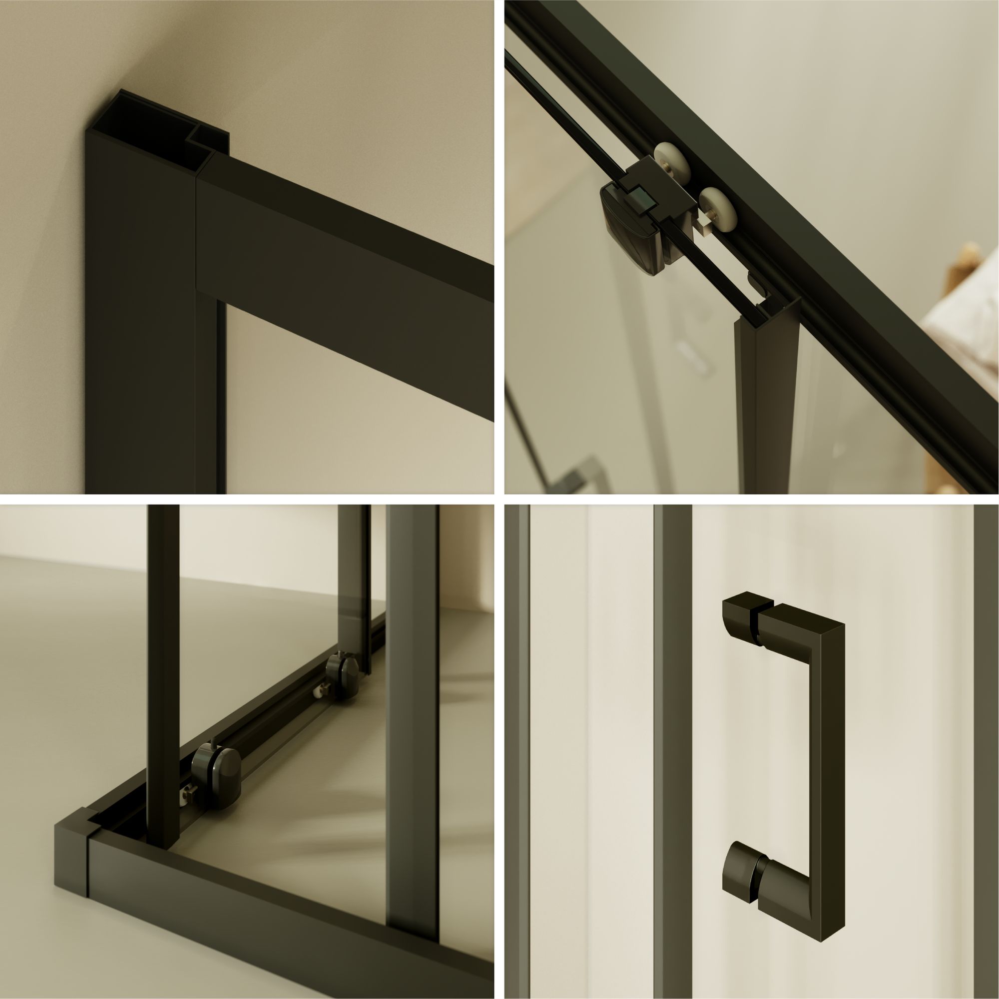 Corner entry Danielle with sliding doors and black profiles made of ESG safety glass. Corner entry Danielle with sliding doors and black profiles made of ESG safety glass.