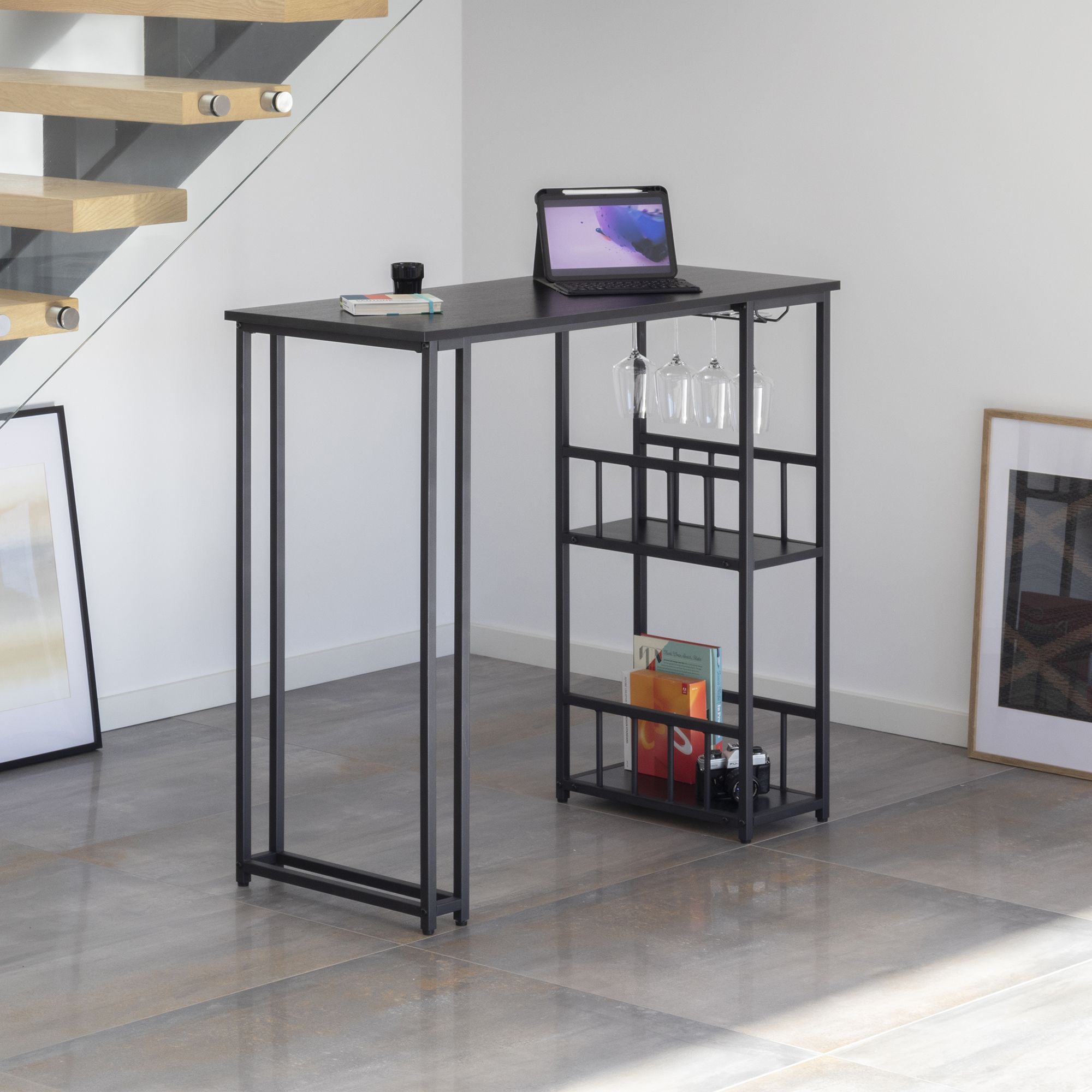 i-flair Stehtisch Bartisch Gavin – Stehtisch mit Stahlrahmen und 2 Ablageflächen & Glashalter Schwarz