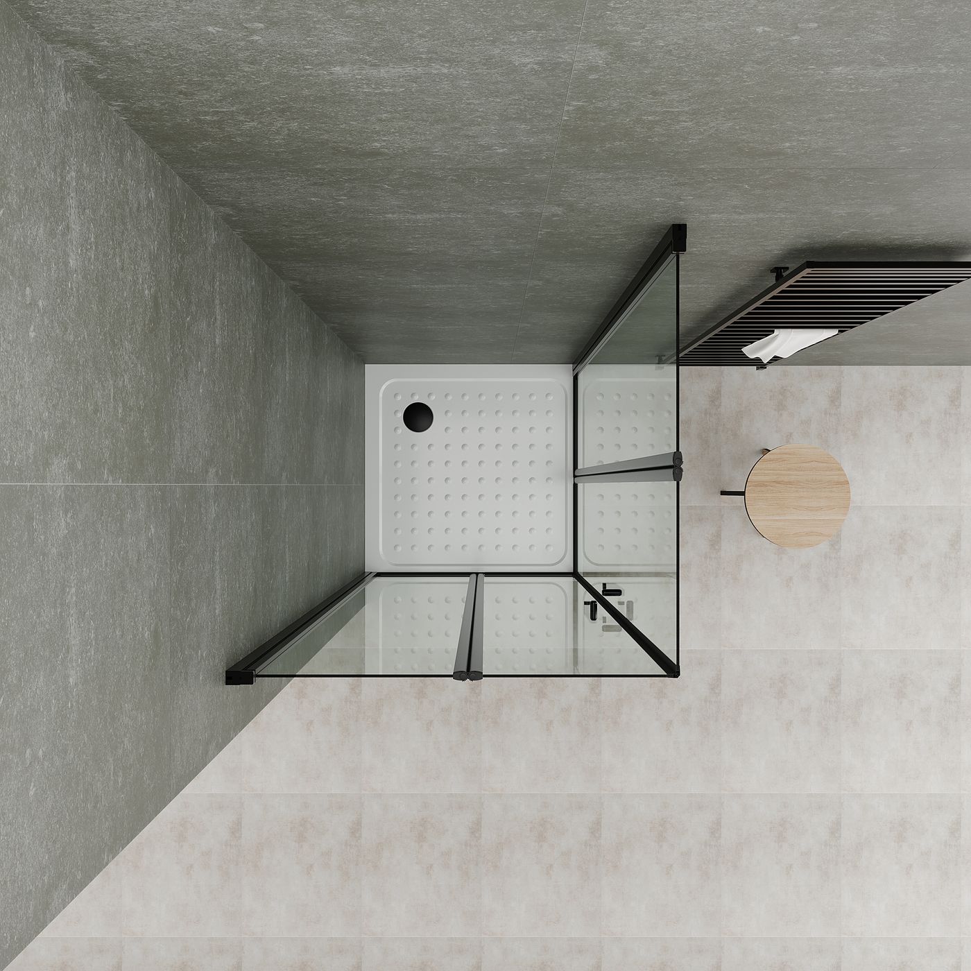 Eckeinstieg Alina mit Falttüren und schwarzen Profilen aus ESG Sicherheitsglas