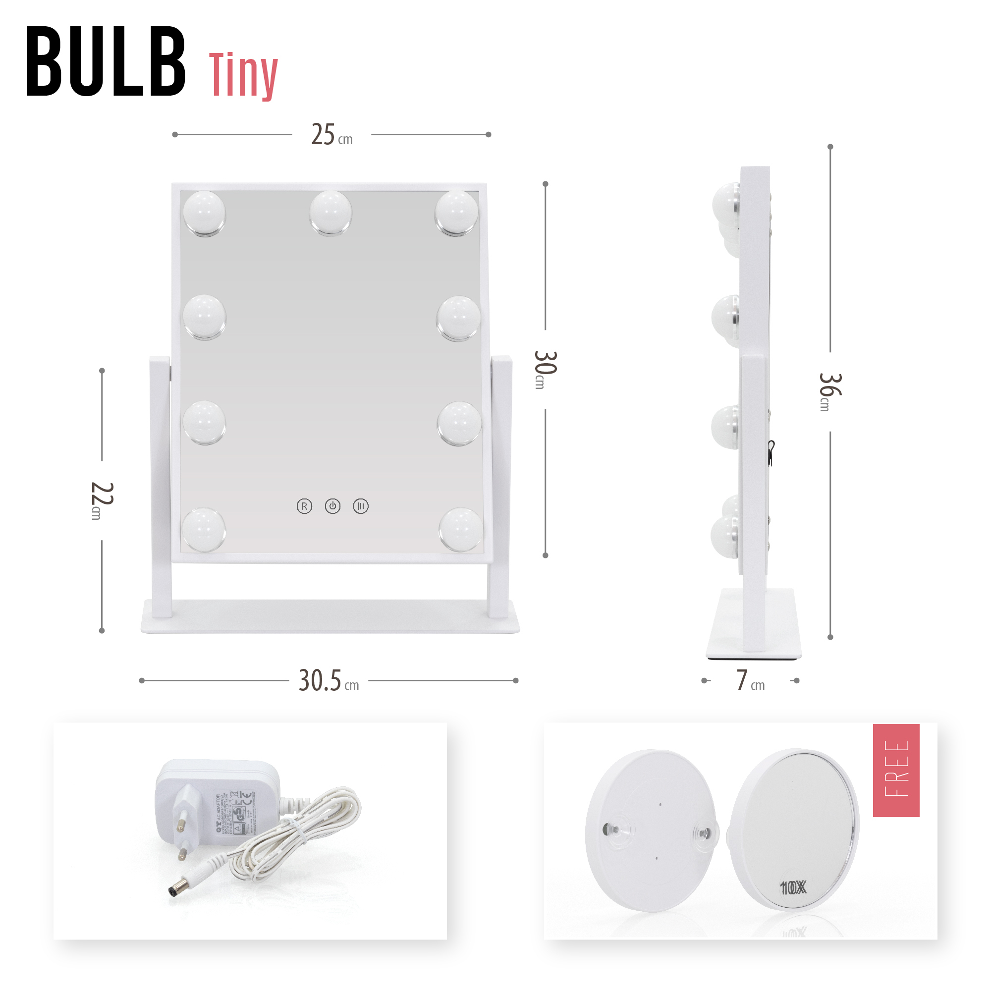 Schminkspiegel Bulb TINY mit 9 dimmbaren LED-Lampen Weiß