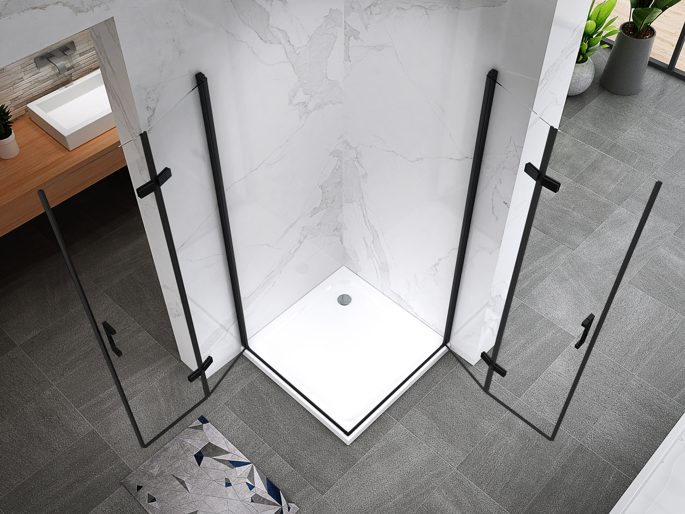 Eckeinstieg Matilde BLACK mit Falttüren aus ESG Sicherheitsglas Eckeinstieg Matilde BLACK mit Falttüren aus ESG Sicherheitsglas