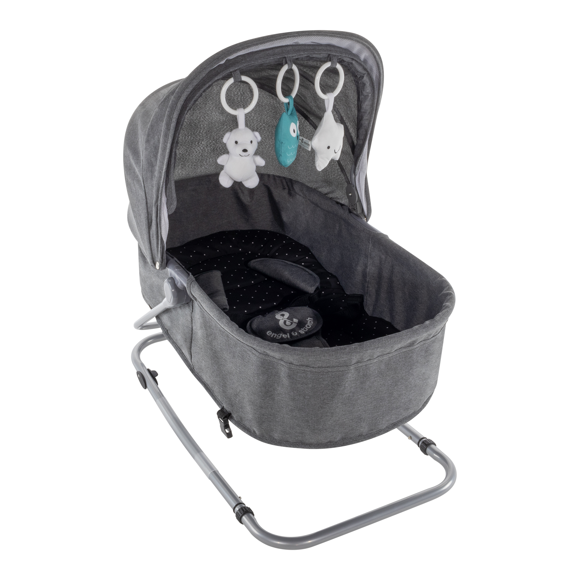 Babywippe PAVO mit Wiegenfunktion und Spielebogen Grau + Schwarz weiße Punkte Babywippe PAVO mit Wiegenfunktion und Spielebogen Grau + Schwarz weiße Punkte