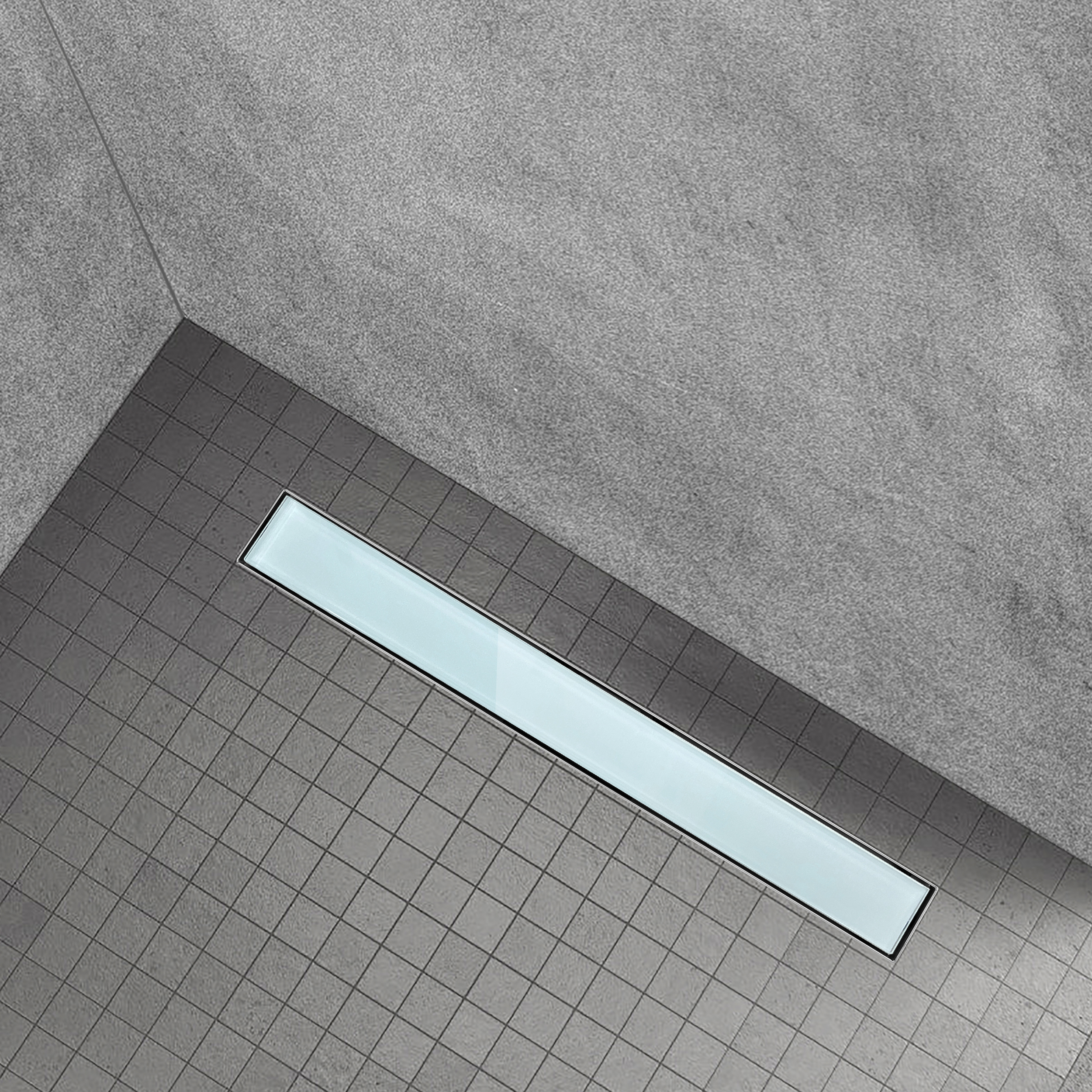 Duschrinne aus Edelstahl mit weißem Glas-Ablaufblende für flache Installation B3 Duschrinne aus Edelstahl mit weißem Glas-Ablaufblende für flache Installation B3