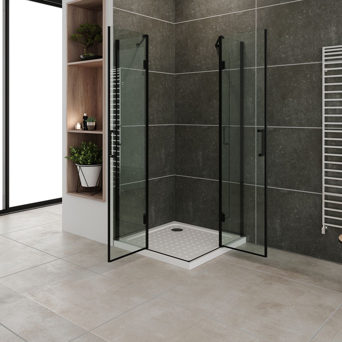 Eckeinstieg Celine mit Klapptüren und schwarzen Profilen aus ESG Sicherheitsglas