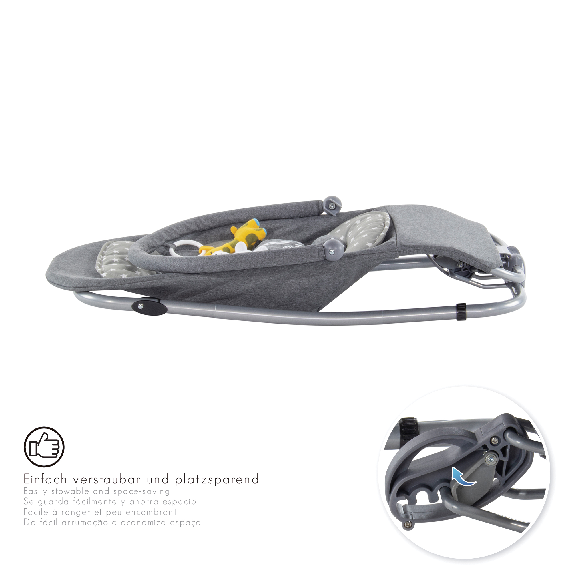 Babywippe VIENO mit abnehmbarem Bezug und Spielebogen Grau + Grau weiße Sterne Babywippe VIENO mit abnehmbarem Bezug und Spielebogen Grau + Grau weiße Sterne