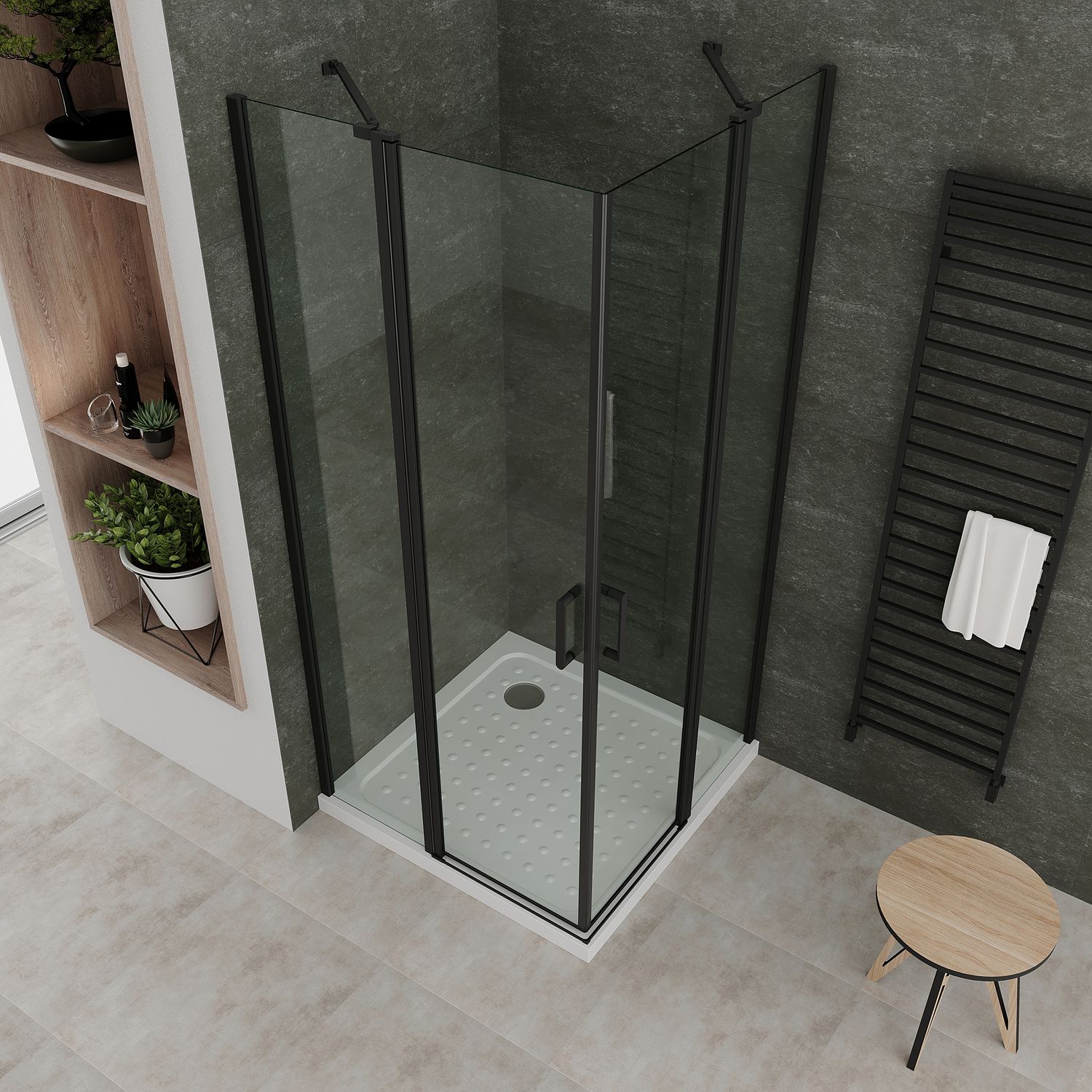 Eckeinstieg Linda mit Klapptüren und schwarzen Profilen aus ESG Sicherheitsglas