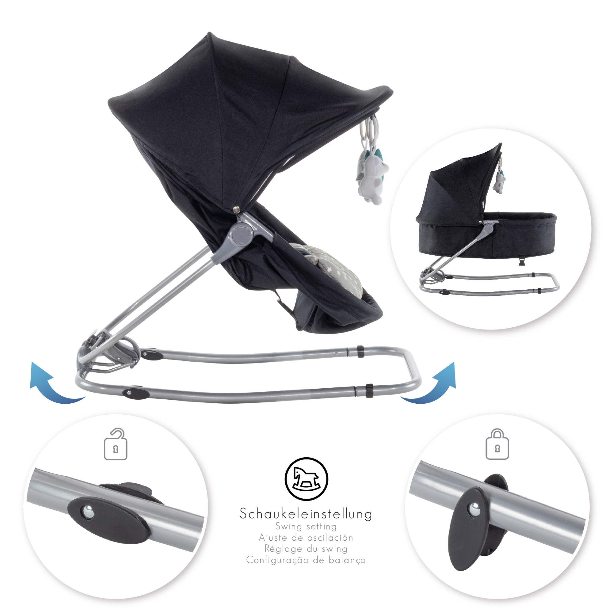 Babywippe PAVO mit Wiegenfunktion und Spielebogen Schwarz + Grau weiße Sterne