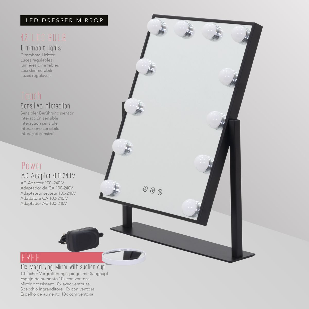 Schminkspiegel Bulb LITTLE mit 12 dimmbaren LED-Lampen Schwarz