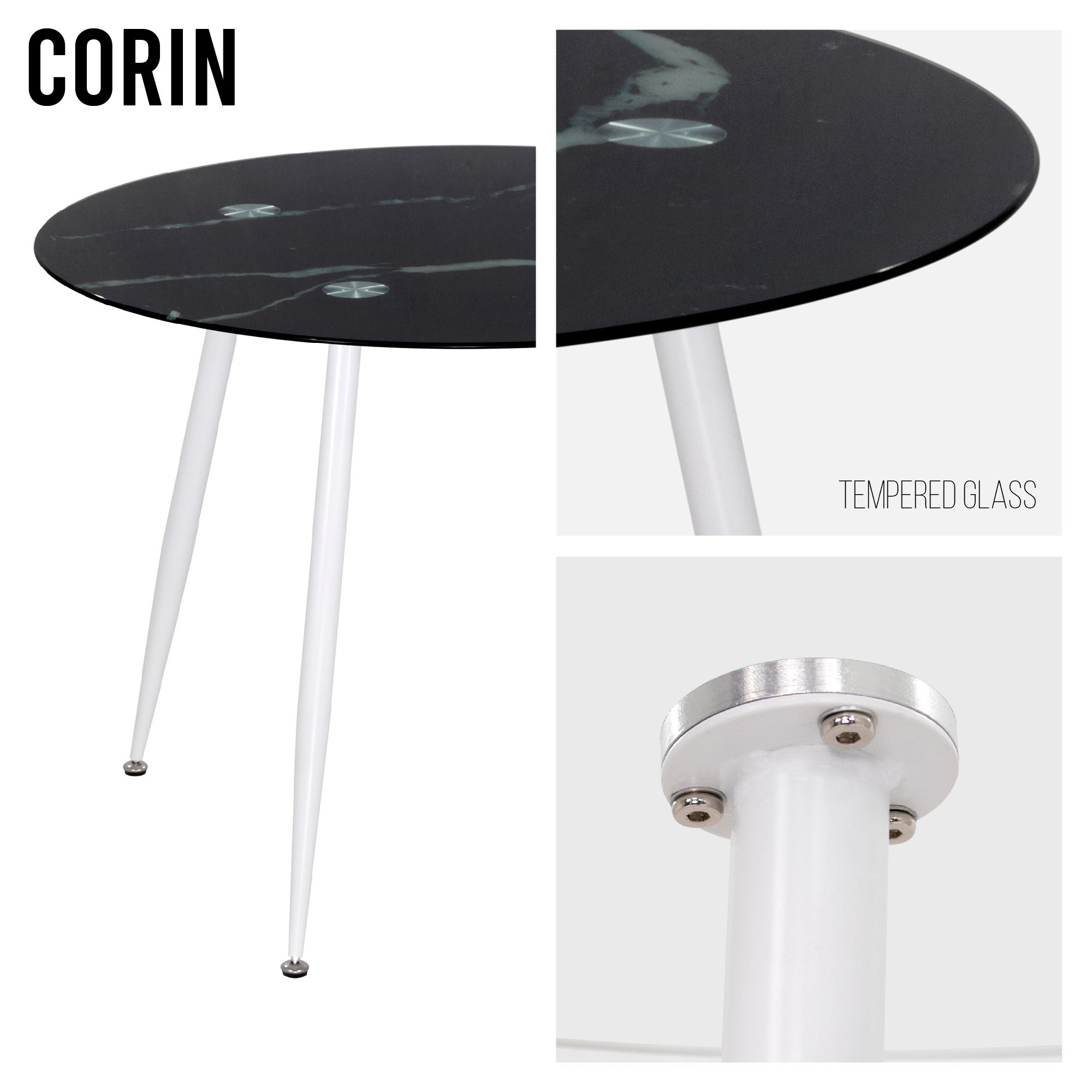 Esszimmer-Tisch CORIN | Tischplatte: Glas in schwarzer Marmor Optik | Beine: Weiß Esszimmer-Tisch CORIN | Tischplatte: Glas in schwarzer Marmor Optik | Beine: Weiß 80 cm