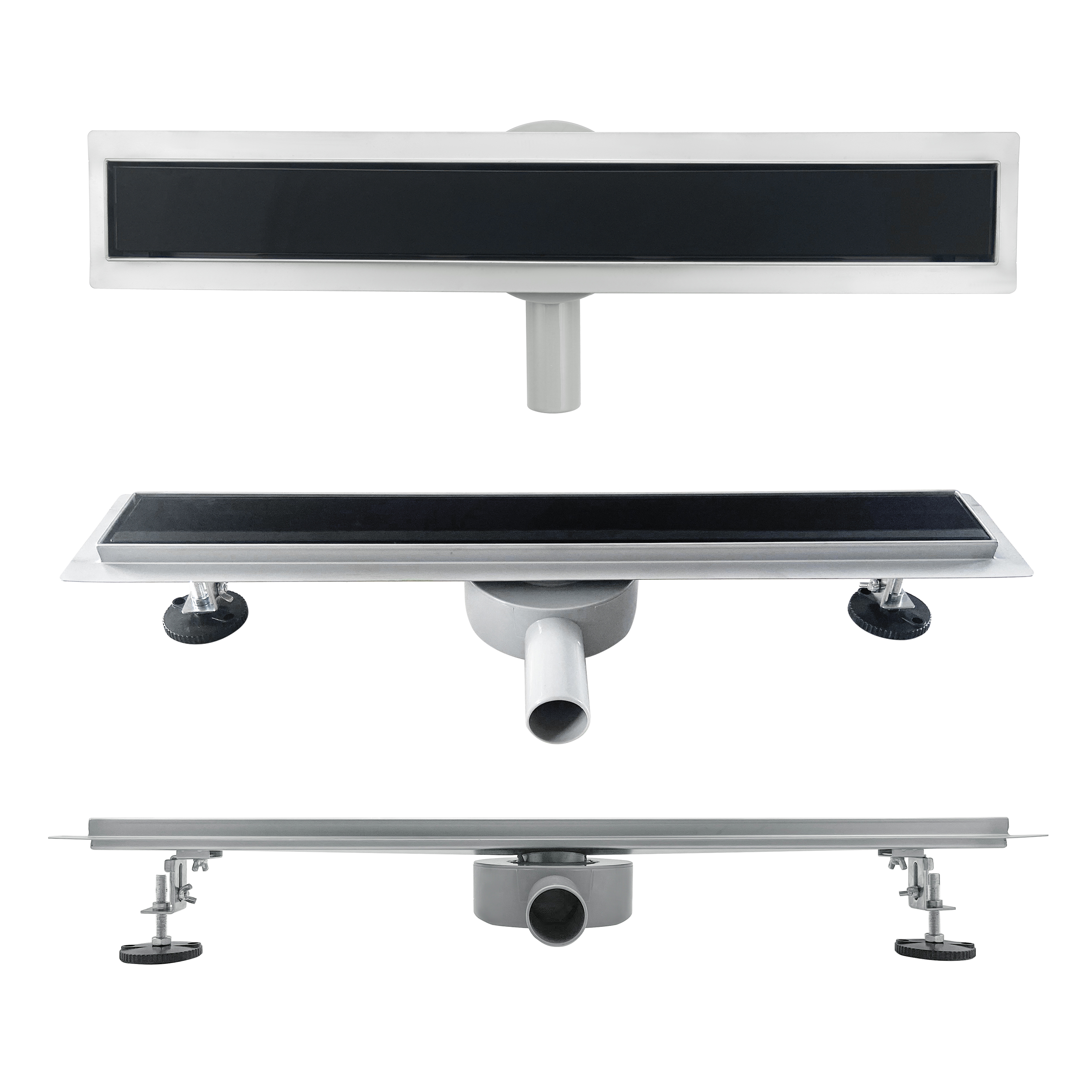 Duschrinne aus Edelstahl mit schwarzem Glas-Ablaufblende für flache Installation B2